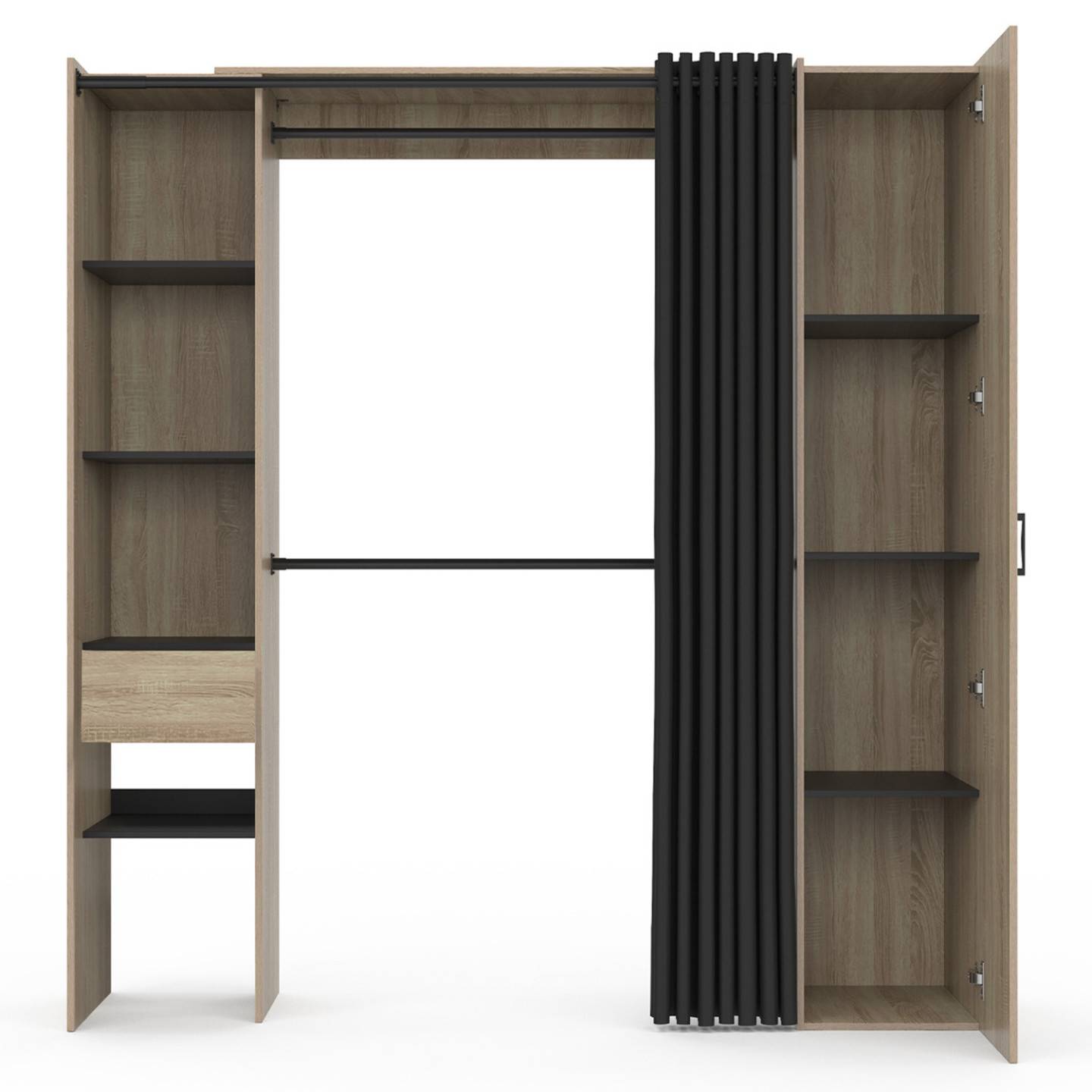 Dressing extensible MERYL 145/170 x 50 x 180 cm hêtre avec étagères + double penderie + miroir + rideau noir - Image 3
