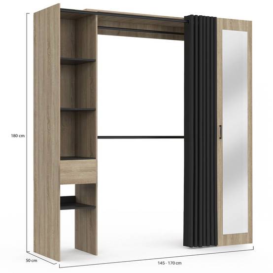 Dressing extensible MERYL 145/170 x 50 x 180 cm hêtre avec étagères + double penderie + miroir + rideau noir - Image 4