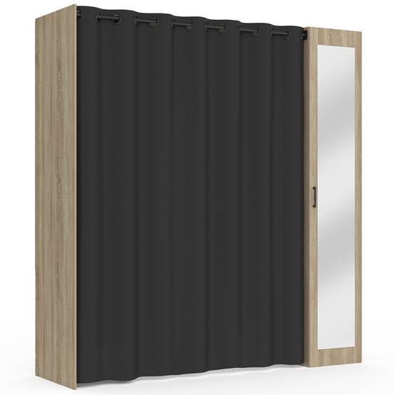 Dressing extensible MERYL 145/170 x 50 x 180 cm hêtre avec étagères + double penderie + miroir + rideau noir - Image 5