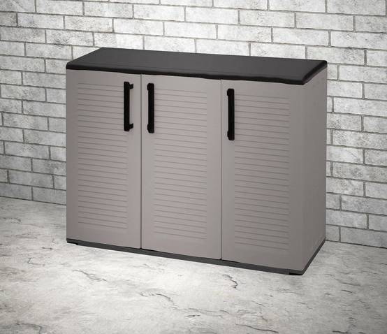 Dmora - Armoire d'extérieur Gesves, Armoire de balcon polyvalente, Armoire d'extérieur 3 portes, 102x37h84 cm, Gris et Noir, Finition rayée - Dmora - Image 2
