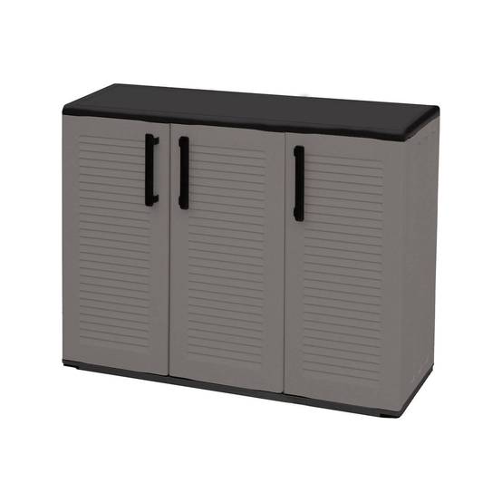 Dmora - Armoire d'extérieur Gesves, Armoire de balcon polyvalente, Armoire d'extérieur 3 portes, 102x37h84 cm, Gris et Noir, Finition rayée - Dmora - Image 1