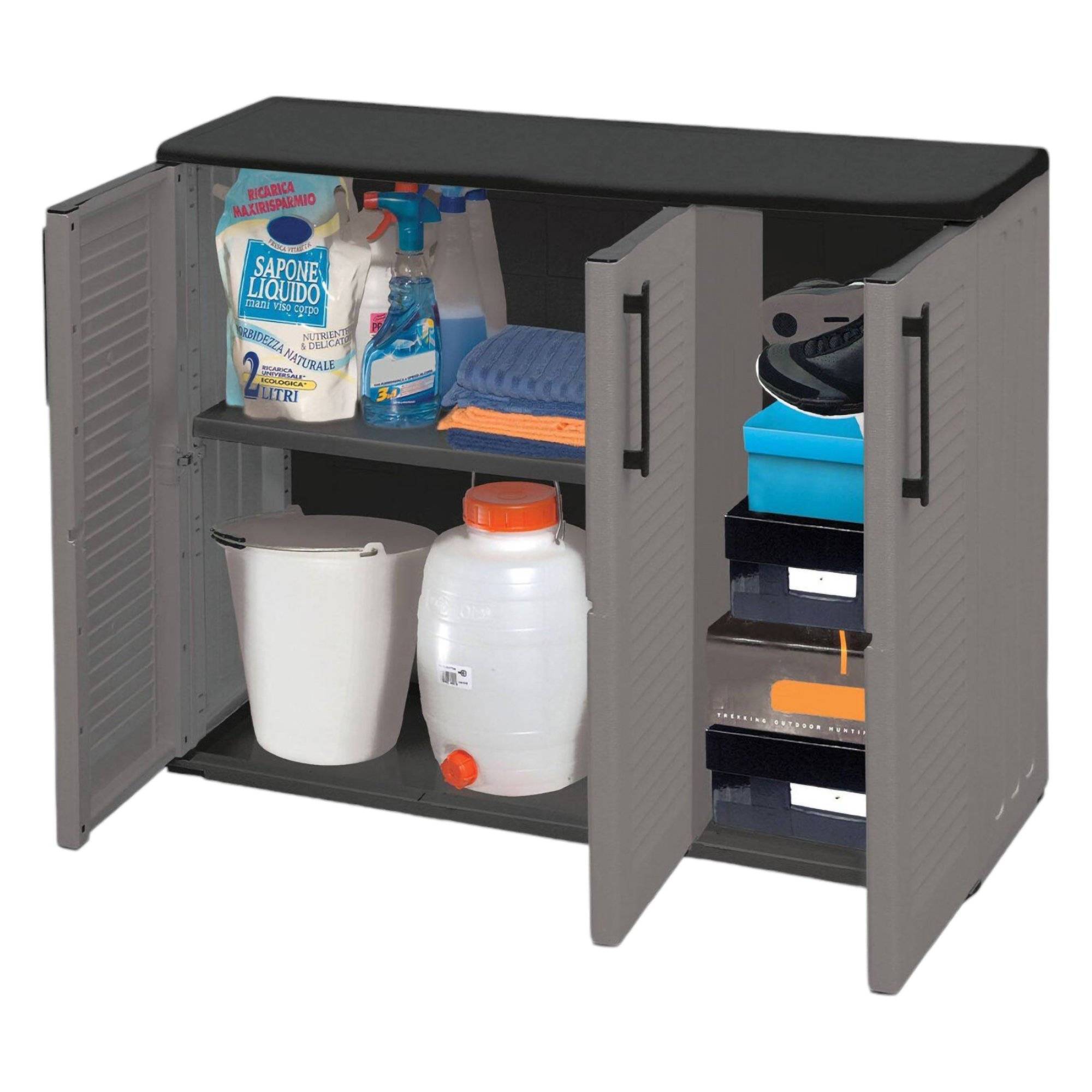 Dmora - Armoire d'extérieur Gesves, Armoire de balcon polyvalente, Armoire d'extérieur 3 portes, 102x37h84 cm, Gris et Noir, Finition rayée - Dmora - Imagen 1