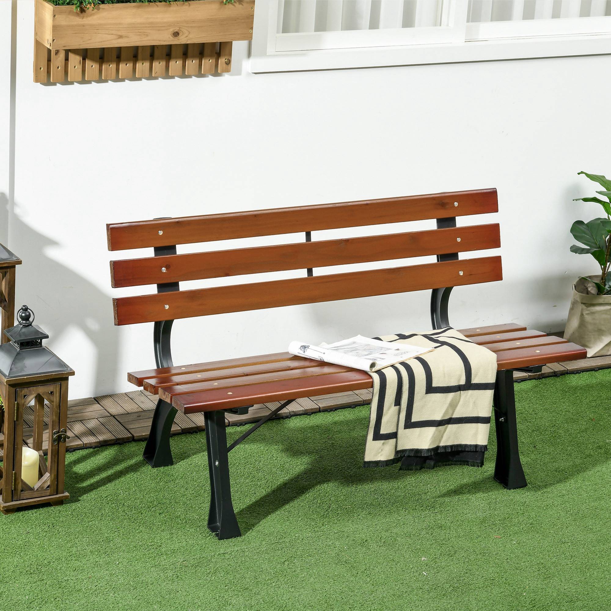 Outsunny - Banc de jardin 2 places style rural chic assise dossier à lattes bois sapin lasuré châssis fonte alu noir - Outsunny - Imagen 2