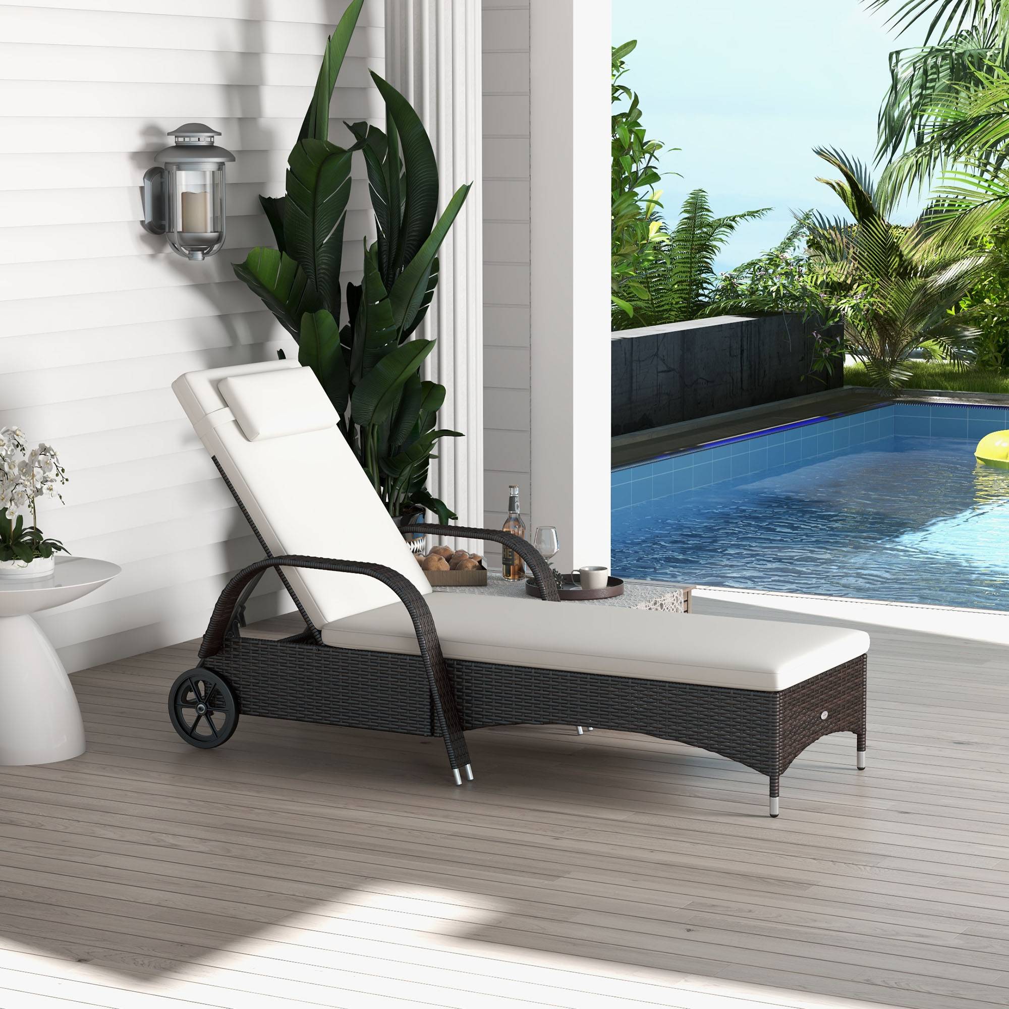 Bain de soleil Résine Tressée Jardin Piscine Dossier Réglable Roulettes Marron - ComfortXL Outdoor Living - Image 4