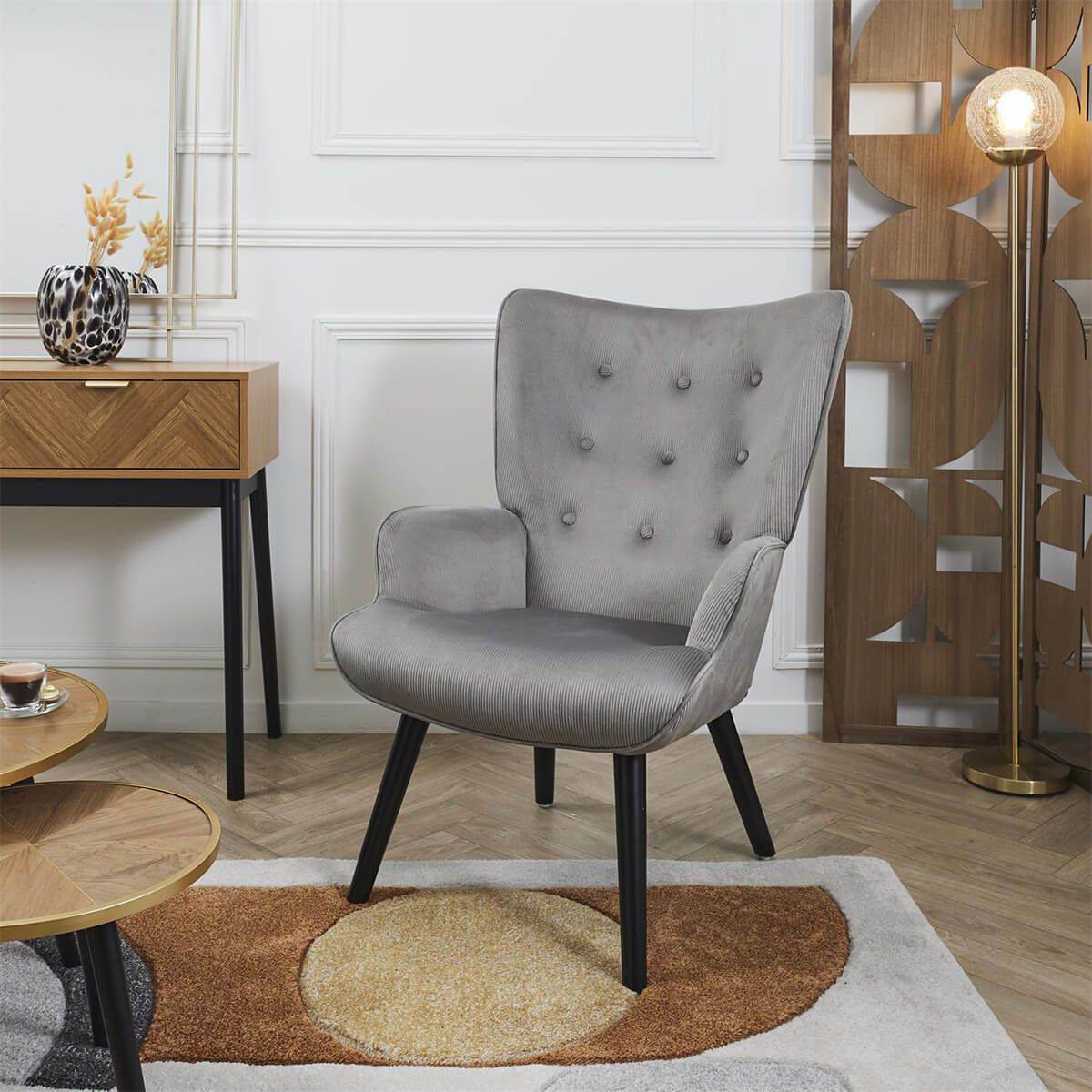 ALTOBUY - Fauteuil Tissu velours côtelé gris clair et piétement hévéa laqué noir - HAMZA - Image 2