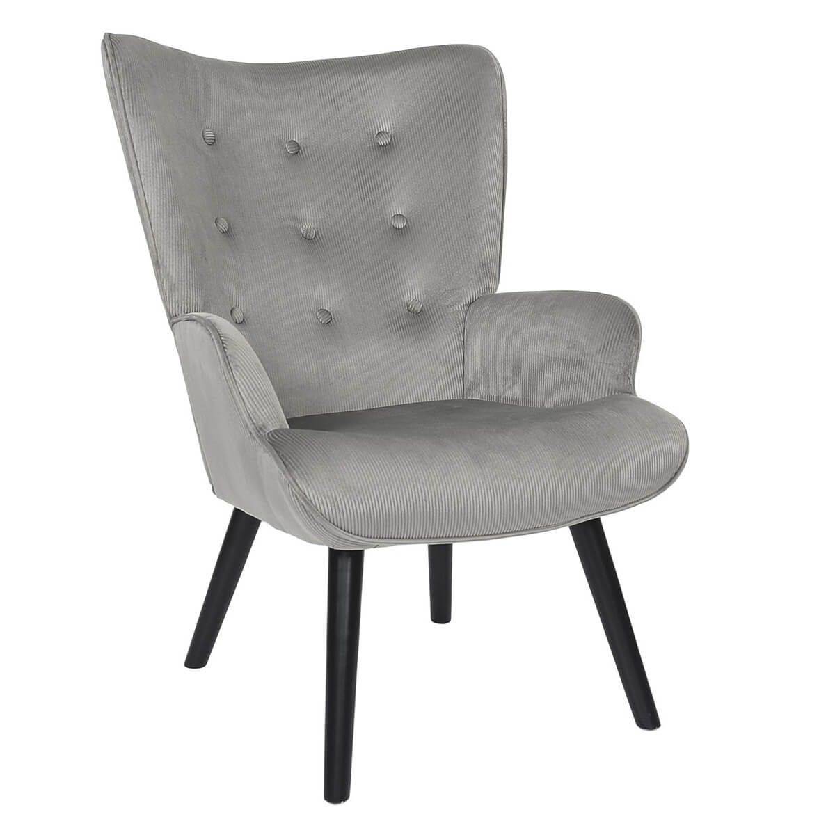 ALTOBUY - Fauteuil Tissu velours côtelé gris clair et piétement hévéa laqué noir - HAMZA