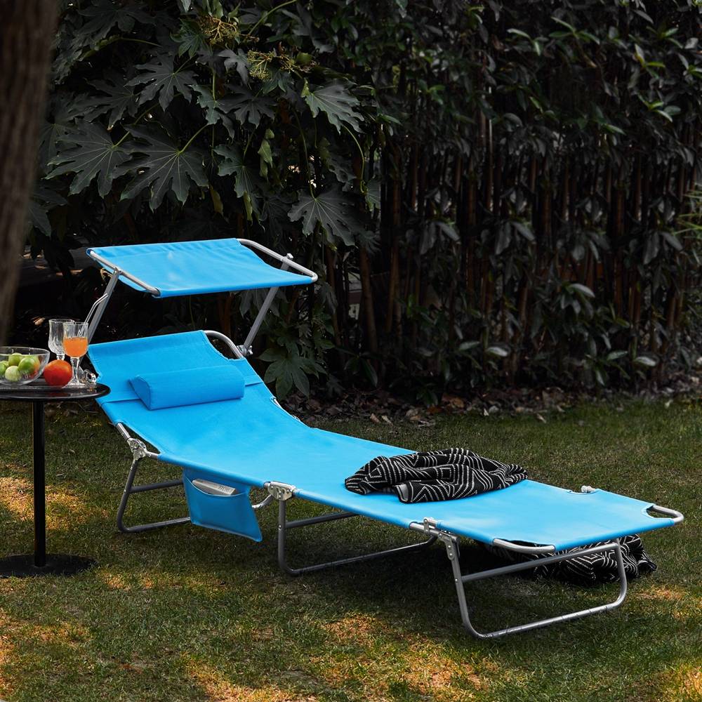 Bain de Soleil Transat de Jardin avec Appui-tête et Pochette latérale Pliable, Réglable et Inclinable Bleu L.198 x l.63 x H.65 cm SoBuy - Imagen 2