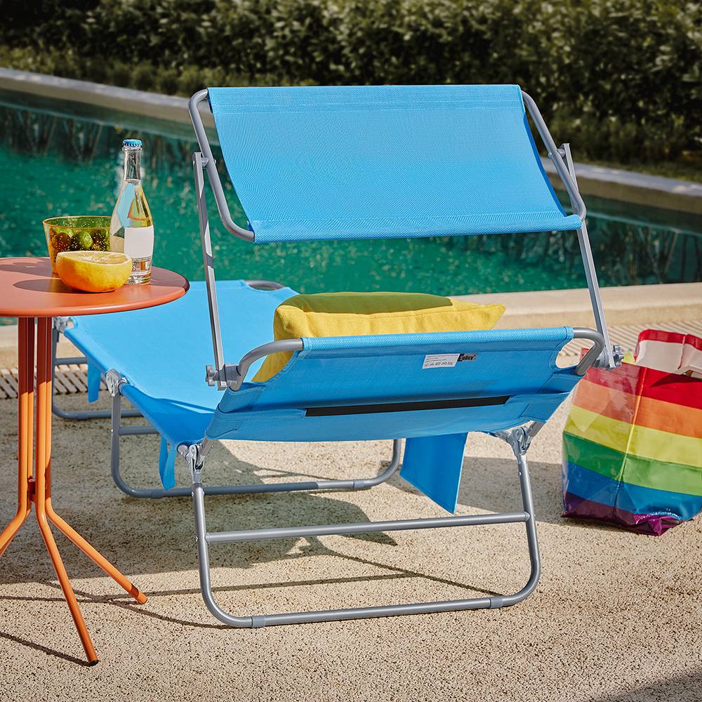 Bain de Soleil Transat de Jardin avec Appui-tête et Pochette latérale Pliable, Réglable et Inclinable Bleu L.198 x l.63 x H.65 cm SoBuy - Imagen 9