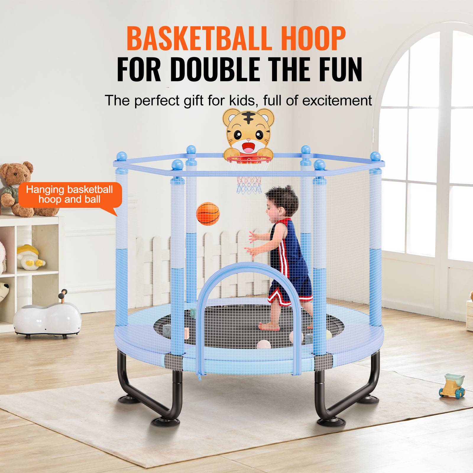 Vevor - VEVOR mini trampoline 1545 mm avec filet 360°, panier de basket et balle, pour enfants 3+ ans, bleu - Image 4