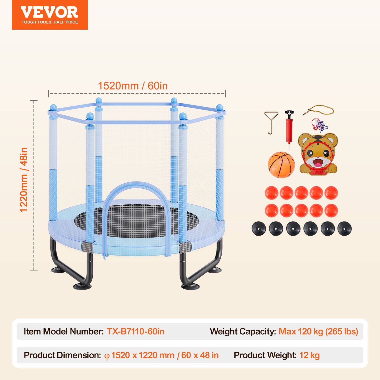 Vevor - VEVOR mini trampoline 1545 mm avec filet 360°, panier de basket et balle, pour enfants 3+ ans, bleu - Image 6