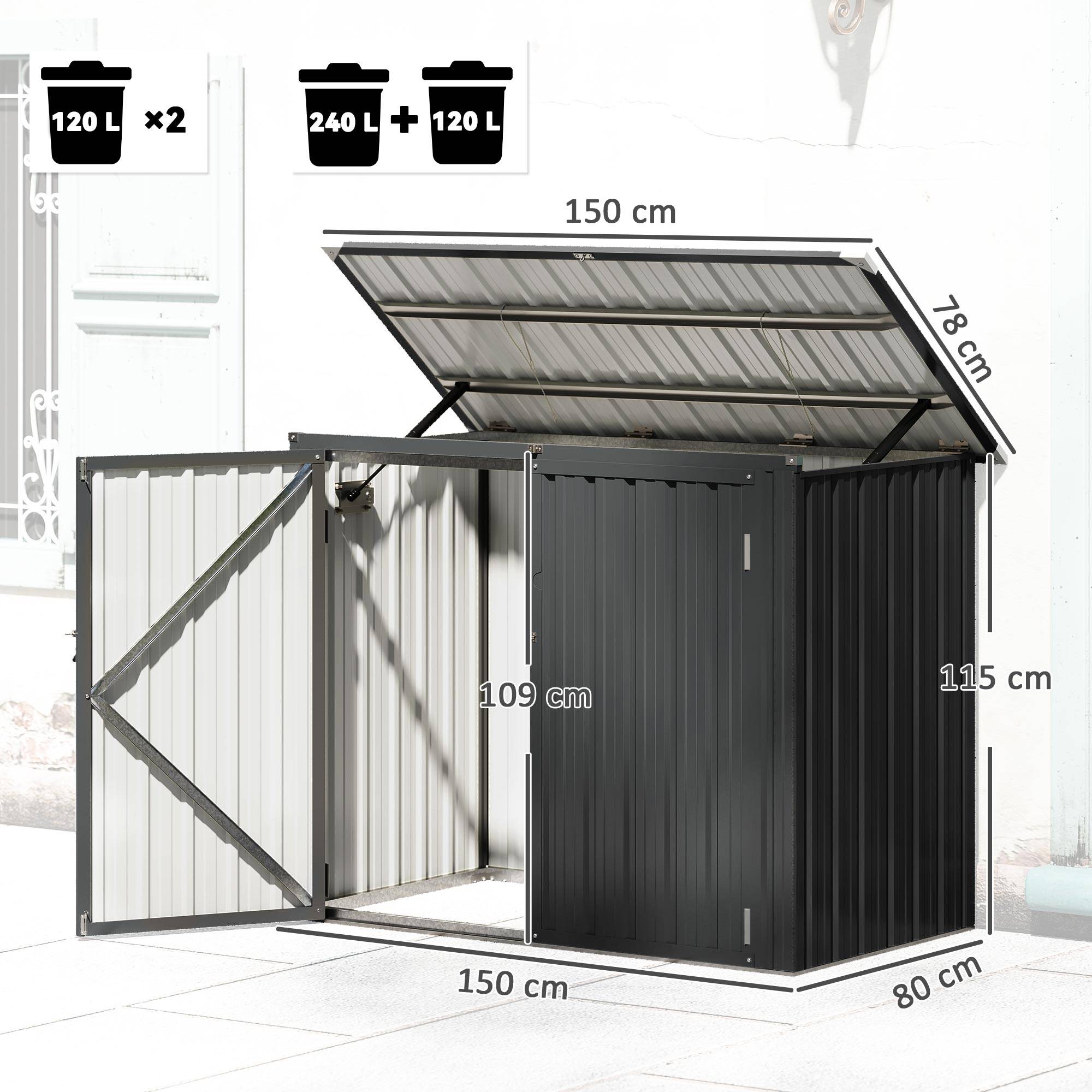 Outsunny - Cache poubelle extérieur double porte verrouillable - couvercle relevable - acier galvanisé - 150x80x117cm - gris - Outsunny - Image 3