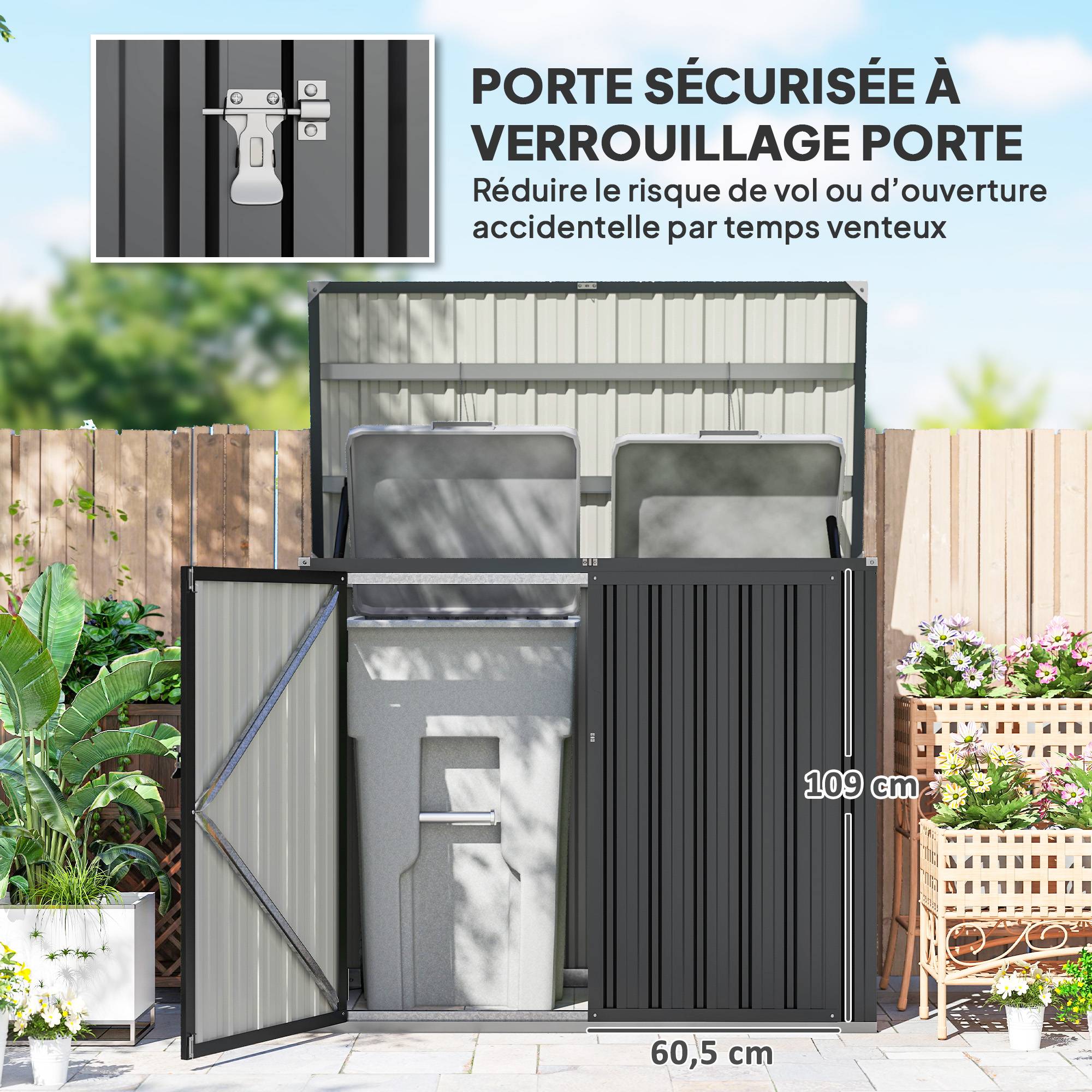 Outsunny - Cache poubelle extérieur double porte verrouillable - couvercle relevable - acier galvanisé - 150x80x117cm - gris - Outsunny - Image 8