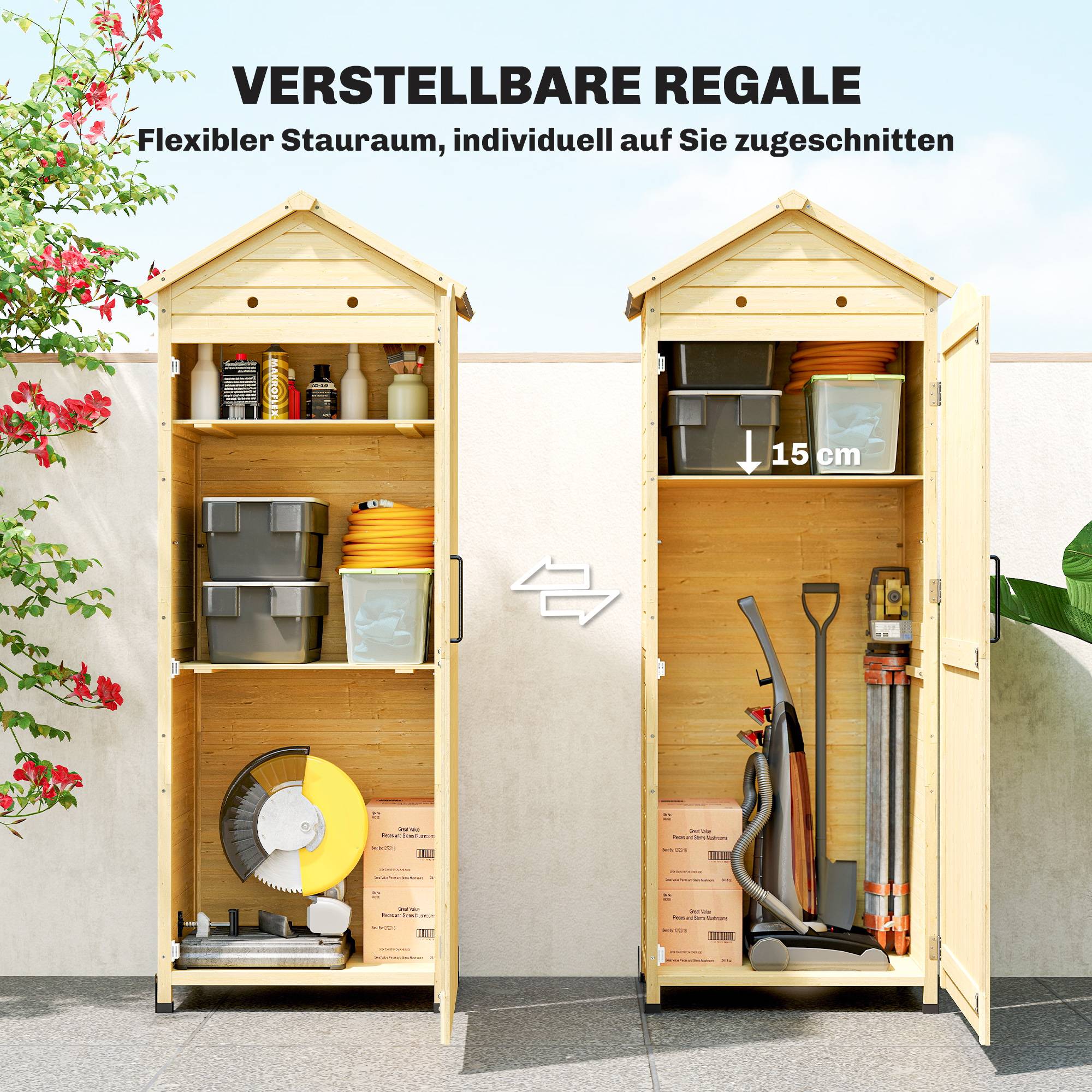 ComfortXL - Armoire de jardin haute en bois de sapin naturel rangement extérieur hauteur intérieure 199 cm toit en métal galvanisé - Image 5