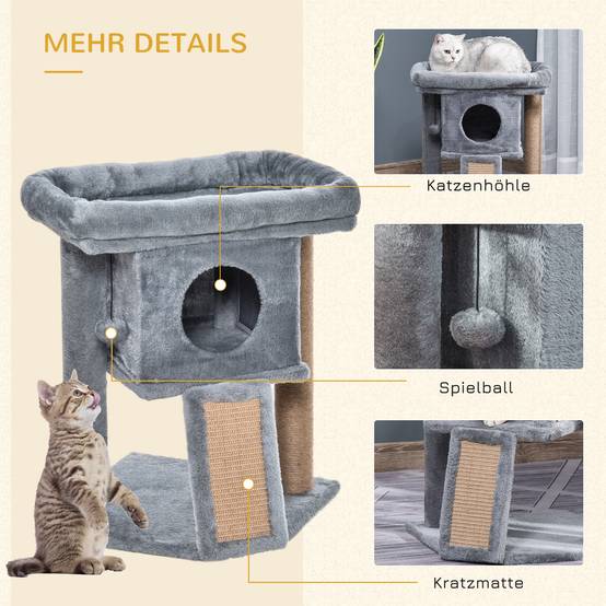 Petit arbre à chat avec niche en bois et jute pour jeu et repos 40x40x57cm gris clair - ComfortXL Outdoor Living - Image 7
