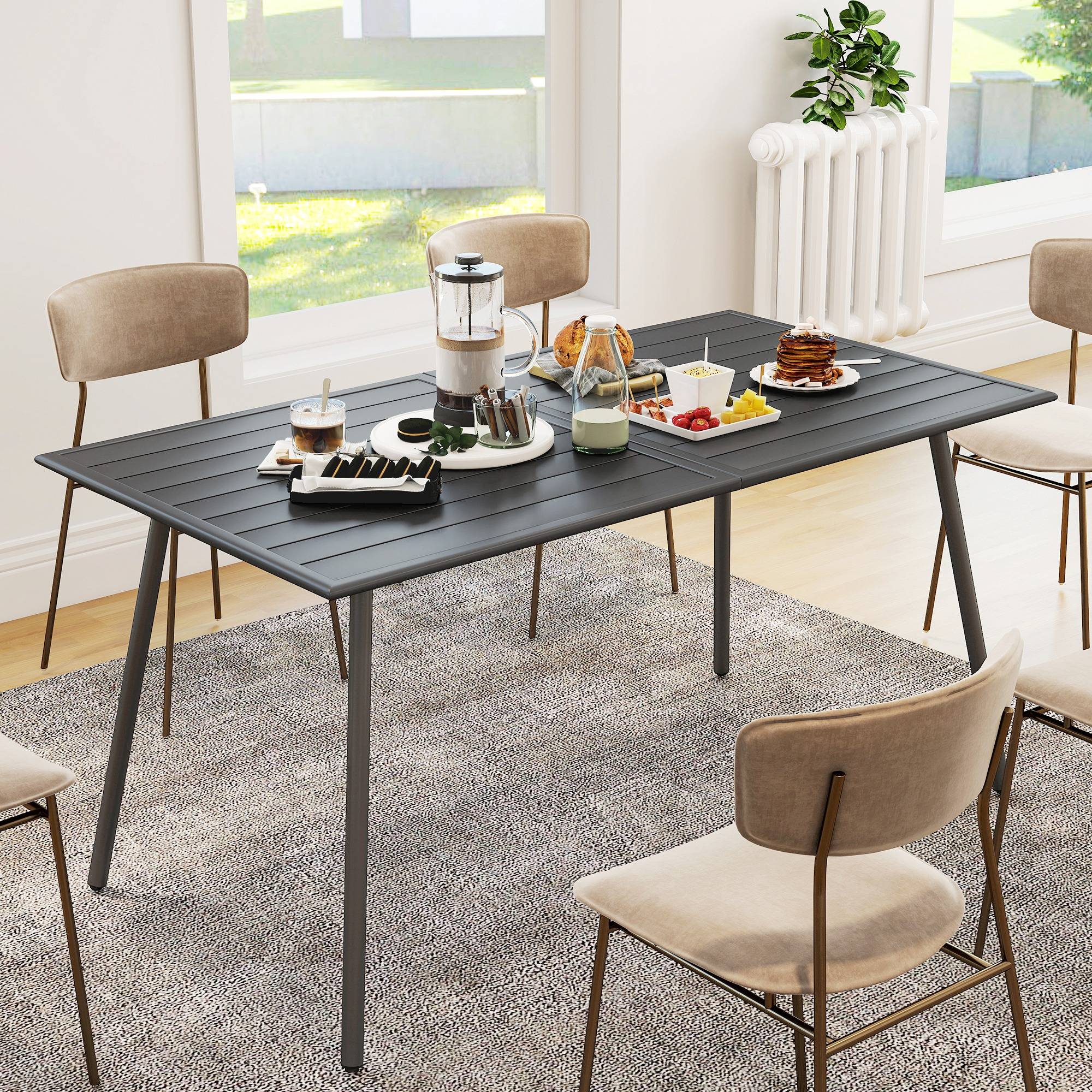 Table à manger de jardin acier 6 personnes plateau à lattes 150x80x74cm gris - ComfortXL Outdoor Living - Image 9