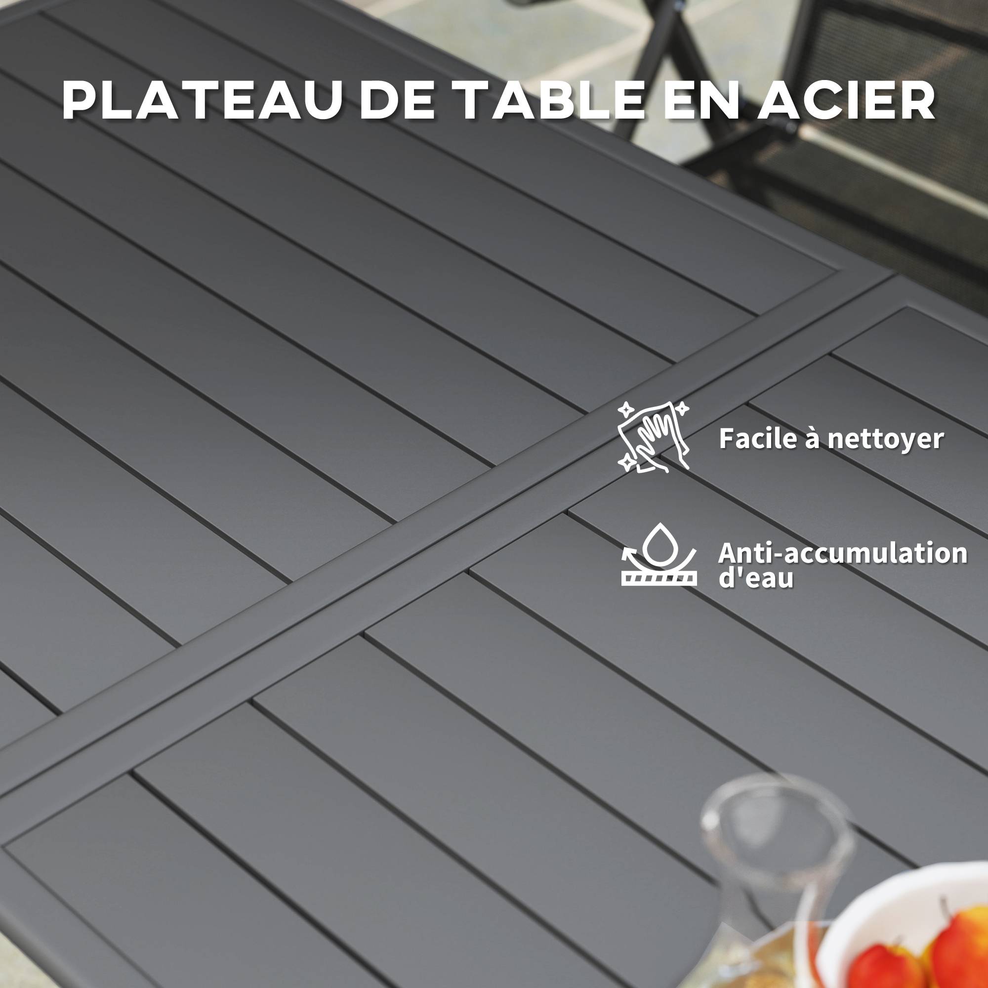 Table à manger de jardin acier 6 personnes plateau à lattes 150x80x74cm gris - ComfortXL Outdoor Living - Image 7