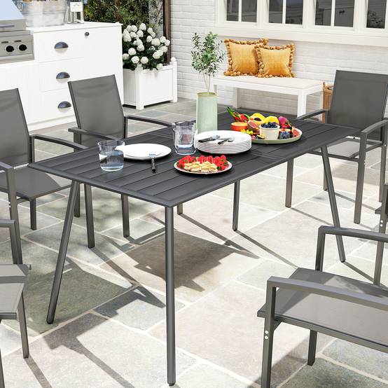 Table à manger de jardin acier 6 personnes plateau à lattes 150x80x74cm gris - ComfortXL Outdoor Living - Image 4