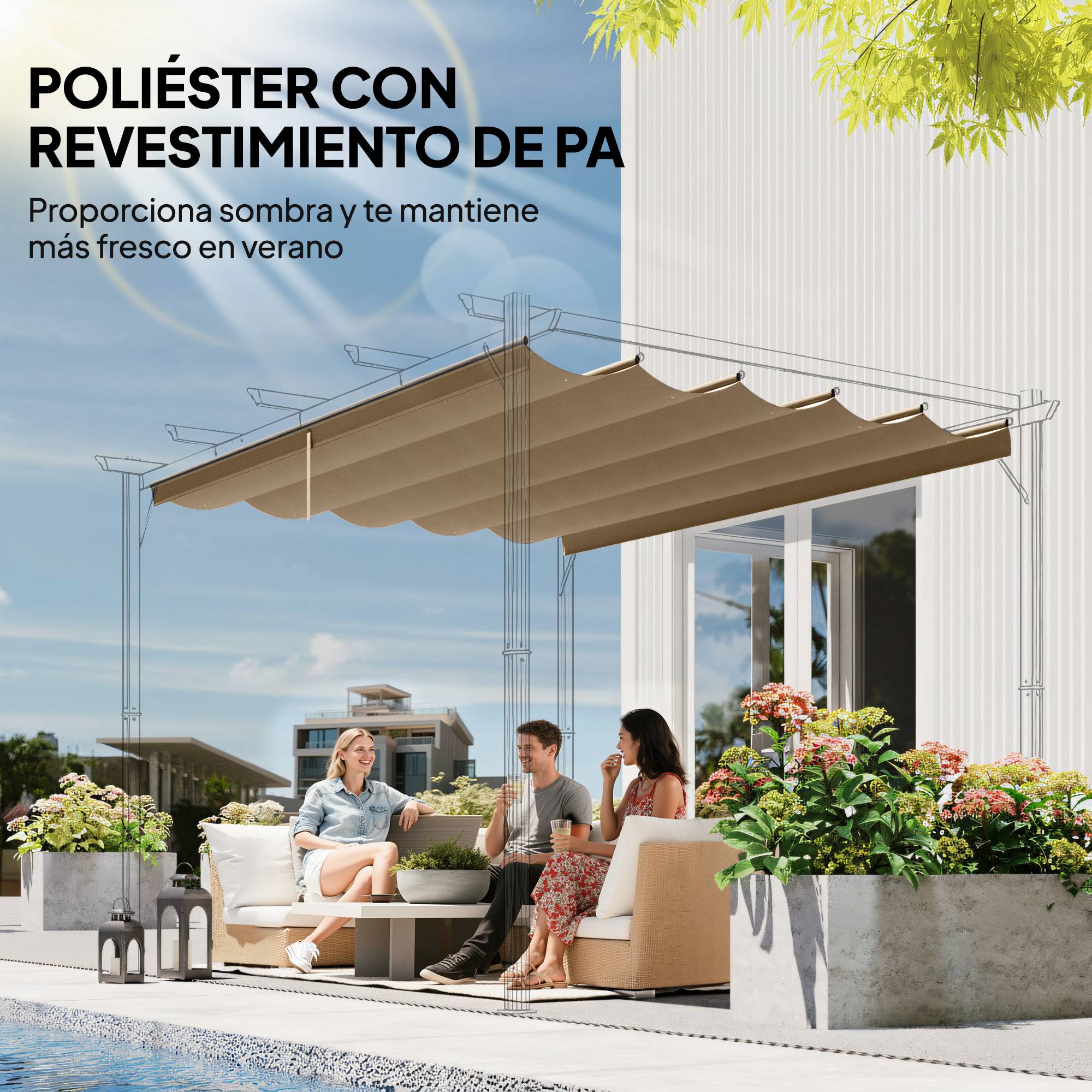 Toile Rétractable pour Pergola 3x3m Polyester Anti-UV avec Trous de Drainage Brun - ComfortXL Outdoor Living - Image 7