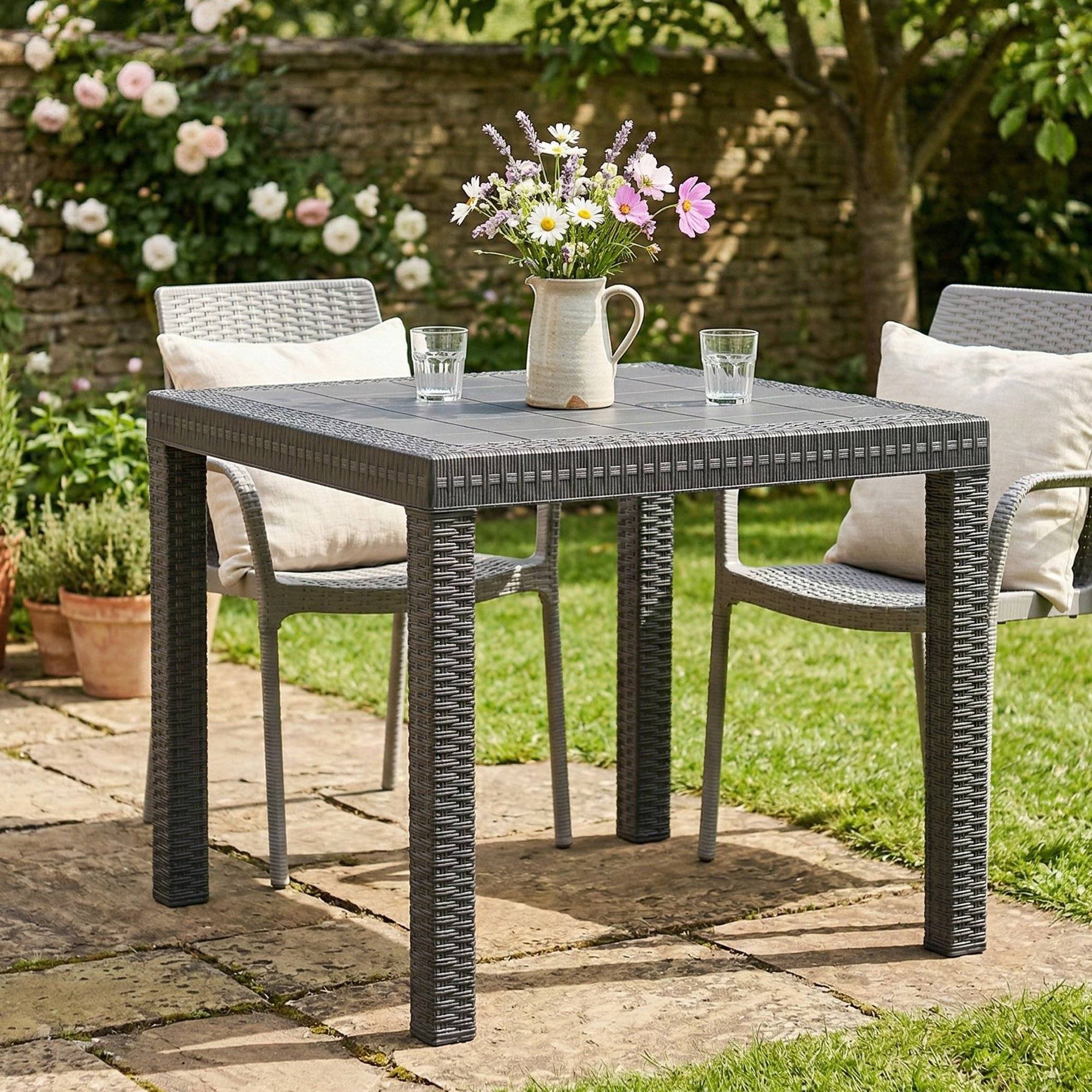 Dmora - Table d'extérieur Dguidon, Etagère carrée fixe, Table de jardin polyvalente effet rotin, 100% Made in Italy, 80x80h74 cm, Anthracite - Dmora - Imagen 2