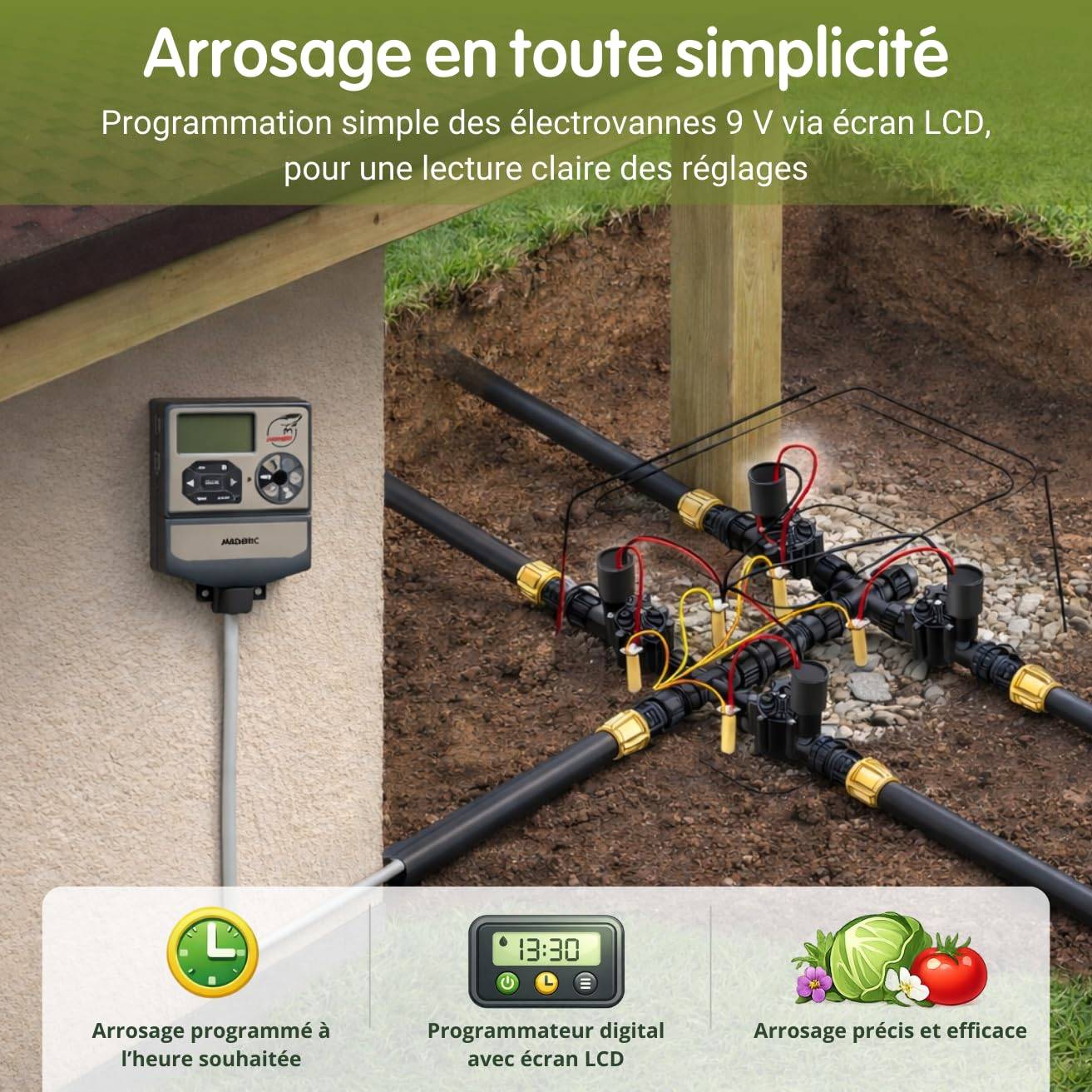Jardibric - Jardibric - Programmateur Arrosage 9V 6 Voies - 2 Programmes Indépendants Multi-Zones Électrovanne - Imagen 3