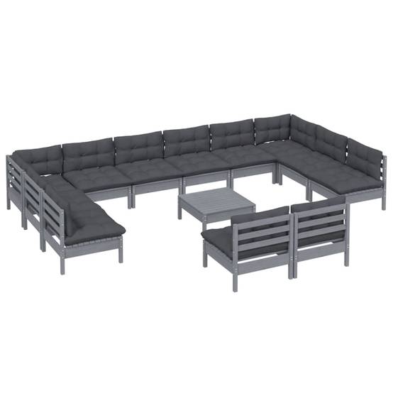 Salon de jardin meuble d'extérieur ensemble de mobilier 13 pièces avec coussins gris bois de pin massif - Image 1