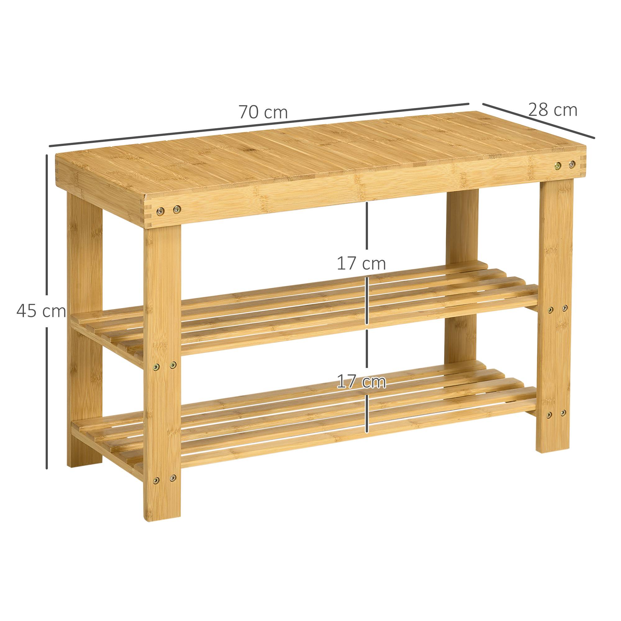 Banc à chaussures, 3 étagères, espace pour 6 à 9 paires de chaussures, jusqu'à 130 kg, bambou, 70 x 28 x 45 cm - Image 5
