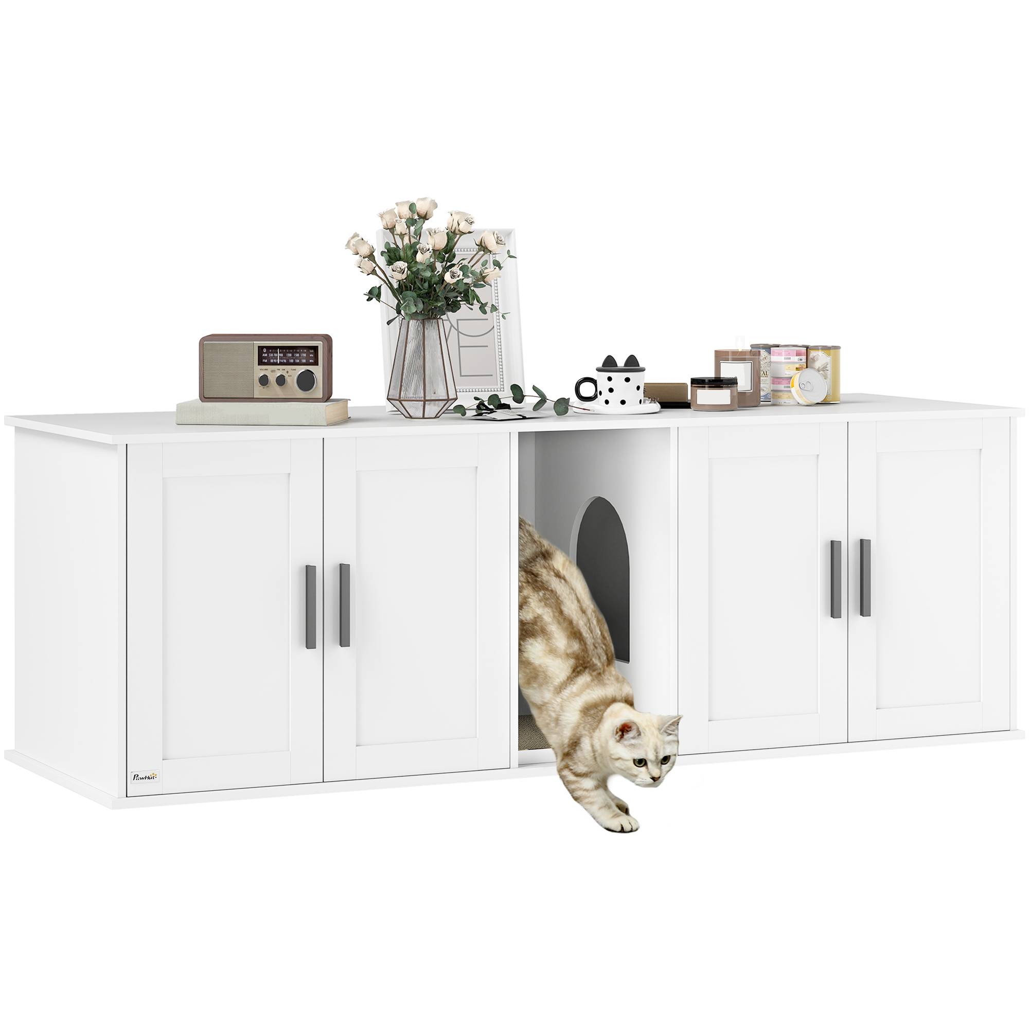 Armoire litière chat porte cloison litière grands chats 145x49x51 cm blanc - Image 1