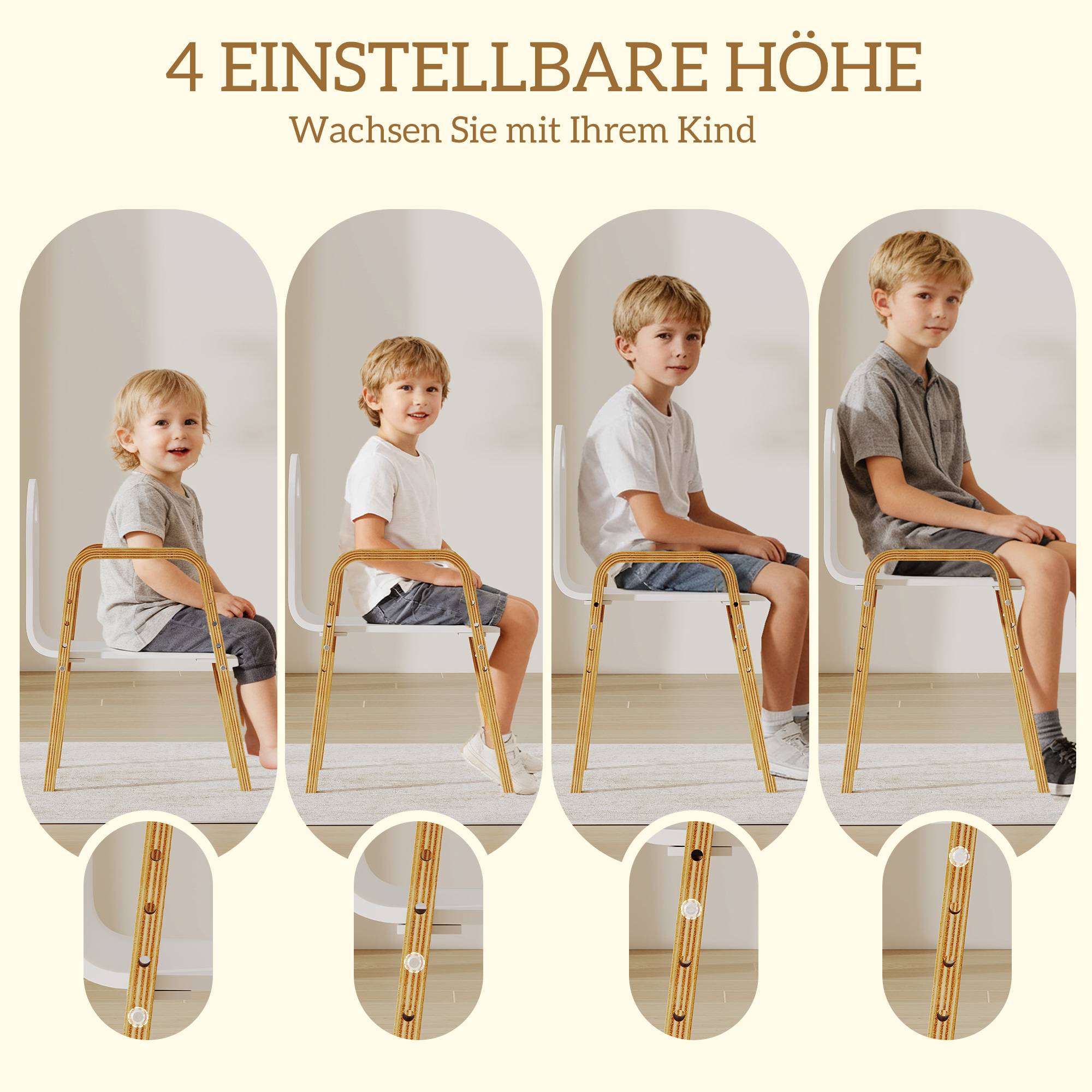 Ensemble chaises bois enfant, patins antidérapants, 3-9 ans, hauteur réglable, blanc - Image 6