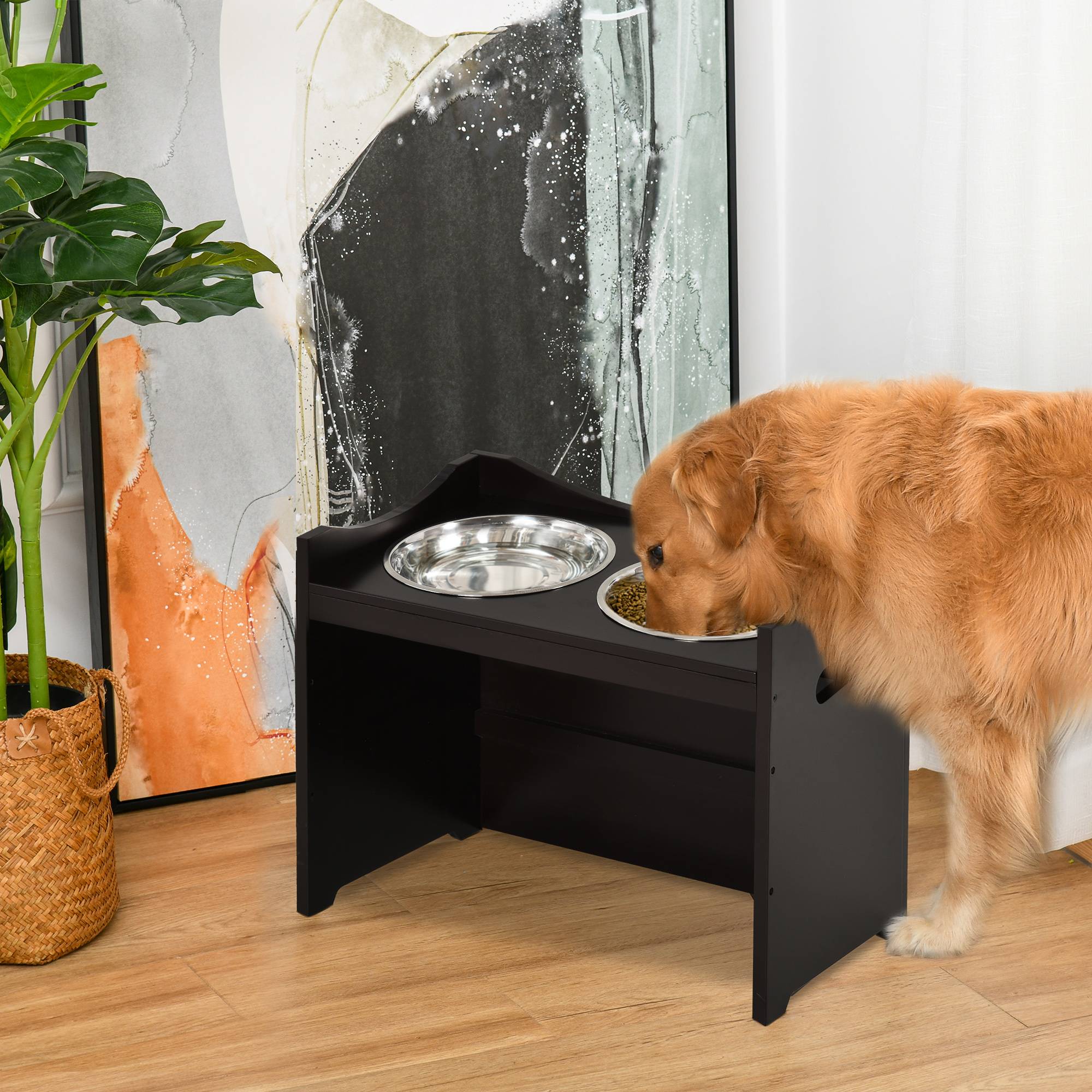 ComfortXL - Porte-Gamelles Chien Réglable Bois MDF 2 Bols Inox Ergonomique 54cm Marron - ComfortXL Pet Living - Image 1