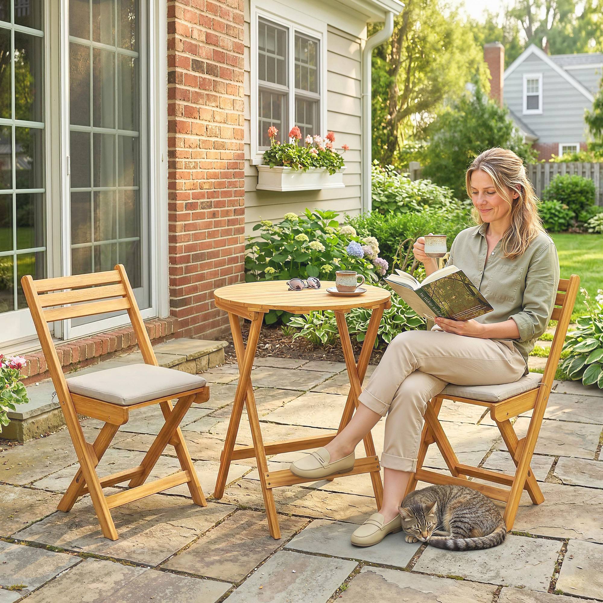 Salon bistrot pliant 3 pièces bois acacia balcon avec coussins naturel - ComfortXL Outdoor Living - Image 4