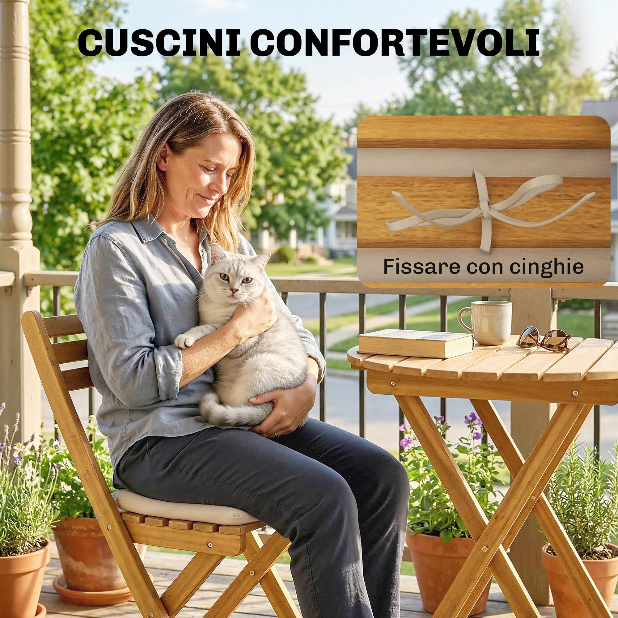 Salon bistrot pliant 3 pièces bois acacia balcon avec coussins naturel - ComfortXL Outdoor Living - Image 9