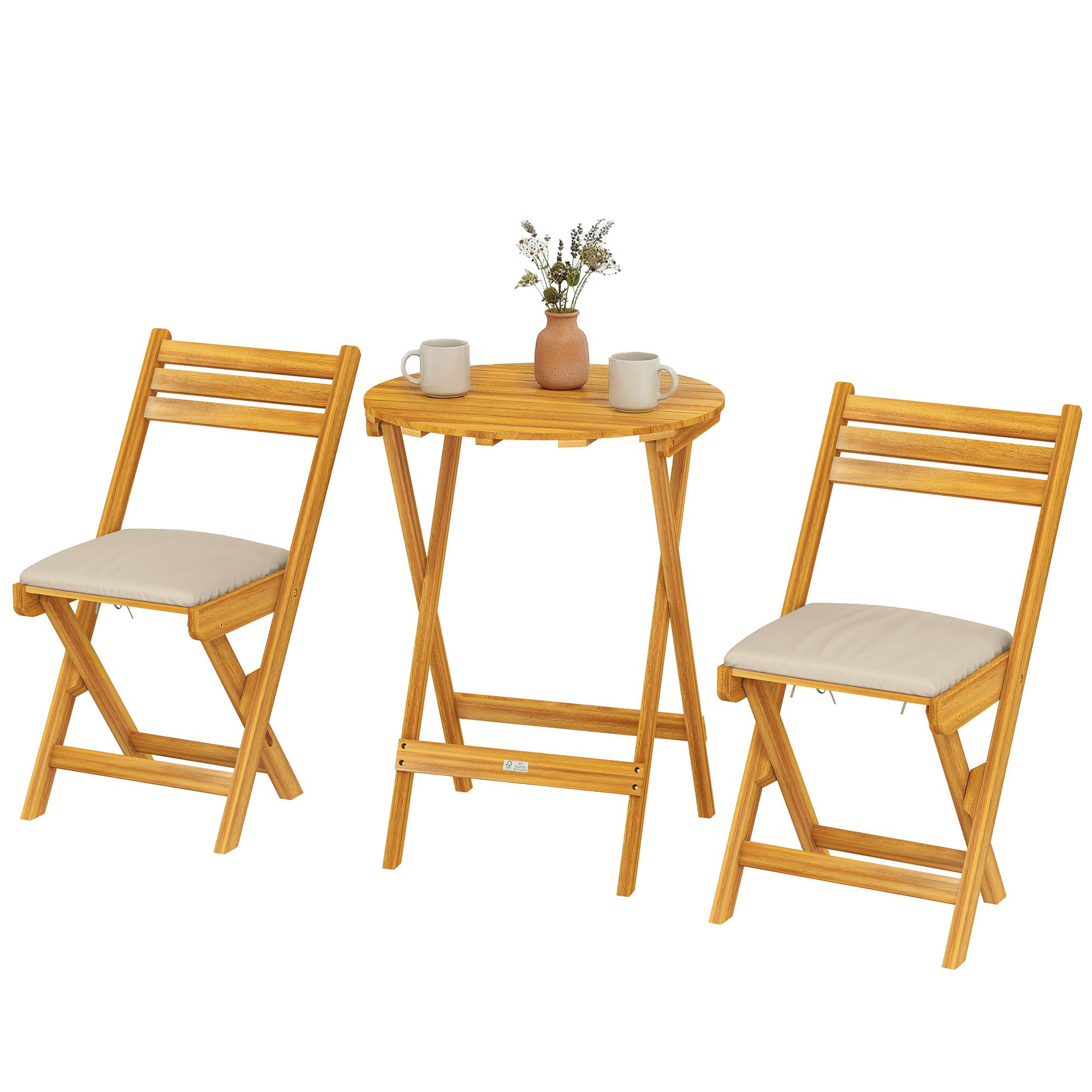 Salon bistrot pliant 3 pièces bois acacia balcon avec coussins naturel - ComfortXL Outdoor Living - Image 2