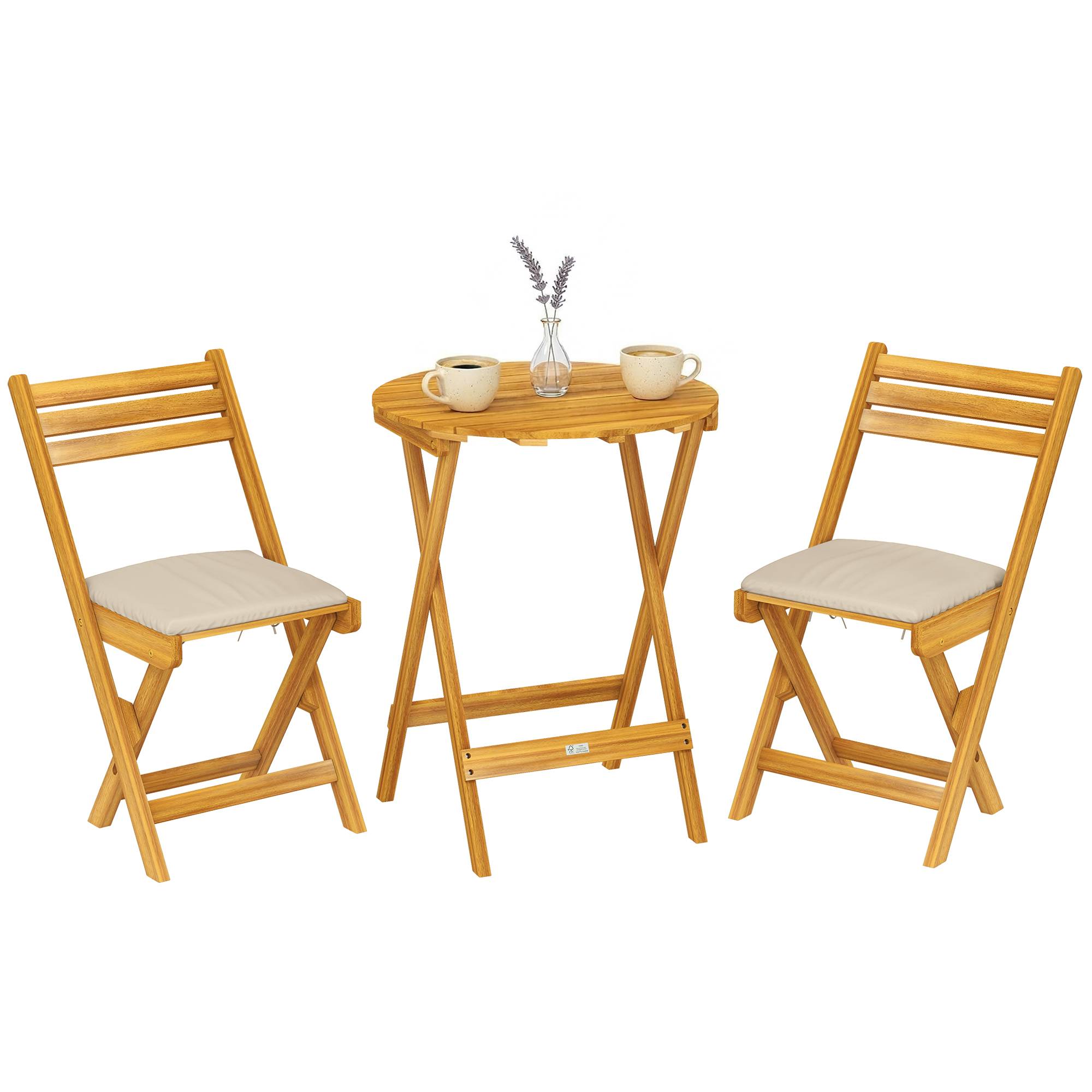 Salon bistrot pliant 3 pièces bois acacia balcon avec coussins naturel - ComfortXL Outdoor Living