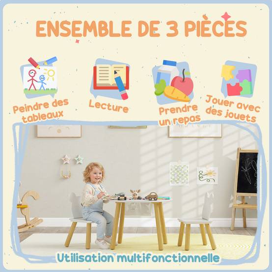Ensemble 1 table ronde et 2 chaises enfant 3 pièces dossier ours, activités bricolage repas,3-6 ans - Image 8