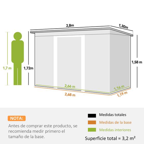 Abri de jardin extérieur 280 x 130 x 172 cm avec portes coulissantes, fond et ventilation, gris foncé - Image 5