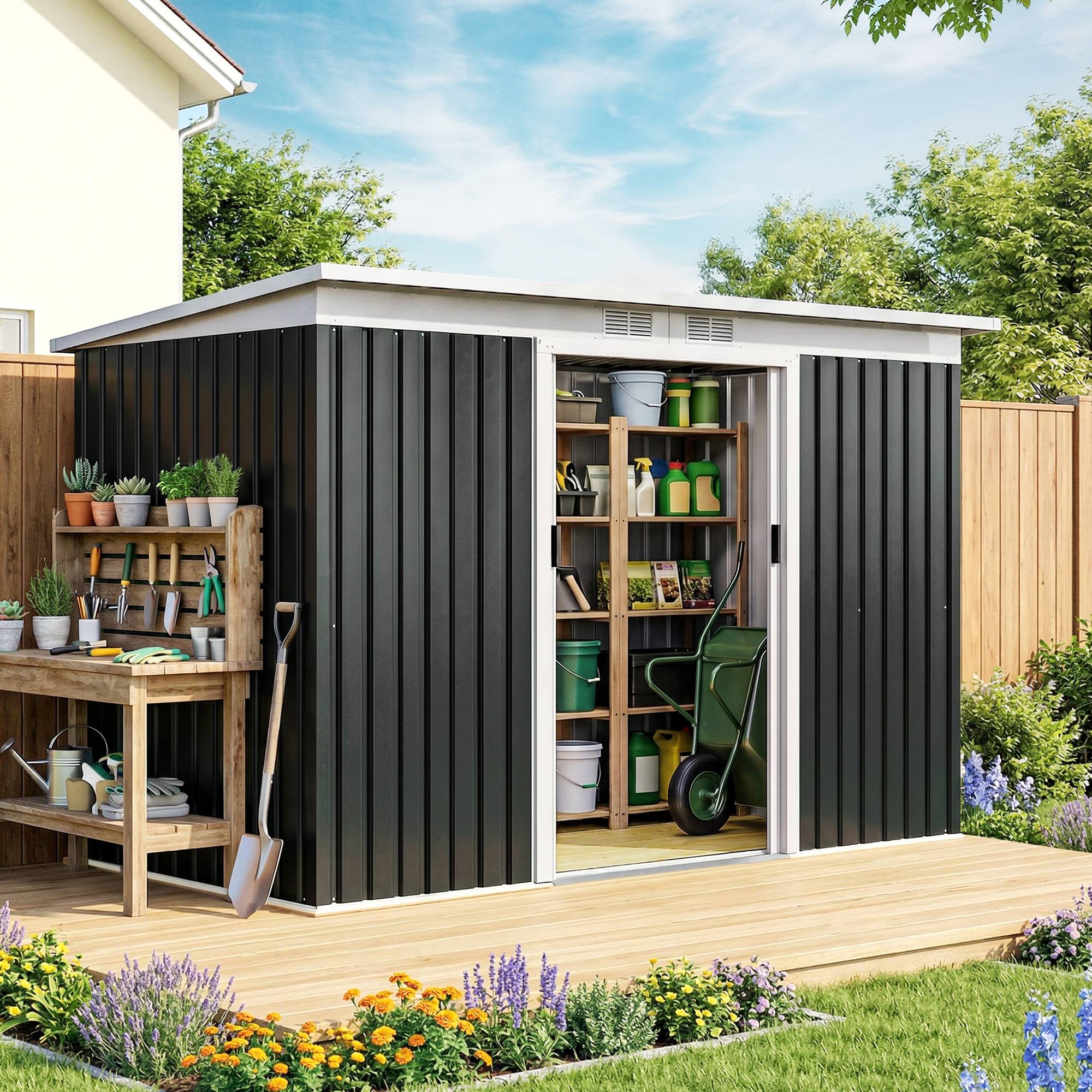 Abri de jardin extérieur 280 x 130 x 172 cm avec portes coulissantes, fond et ventilation, gris foncé - Image 3
