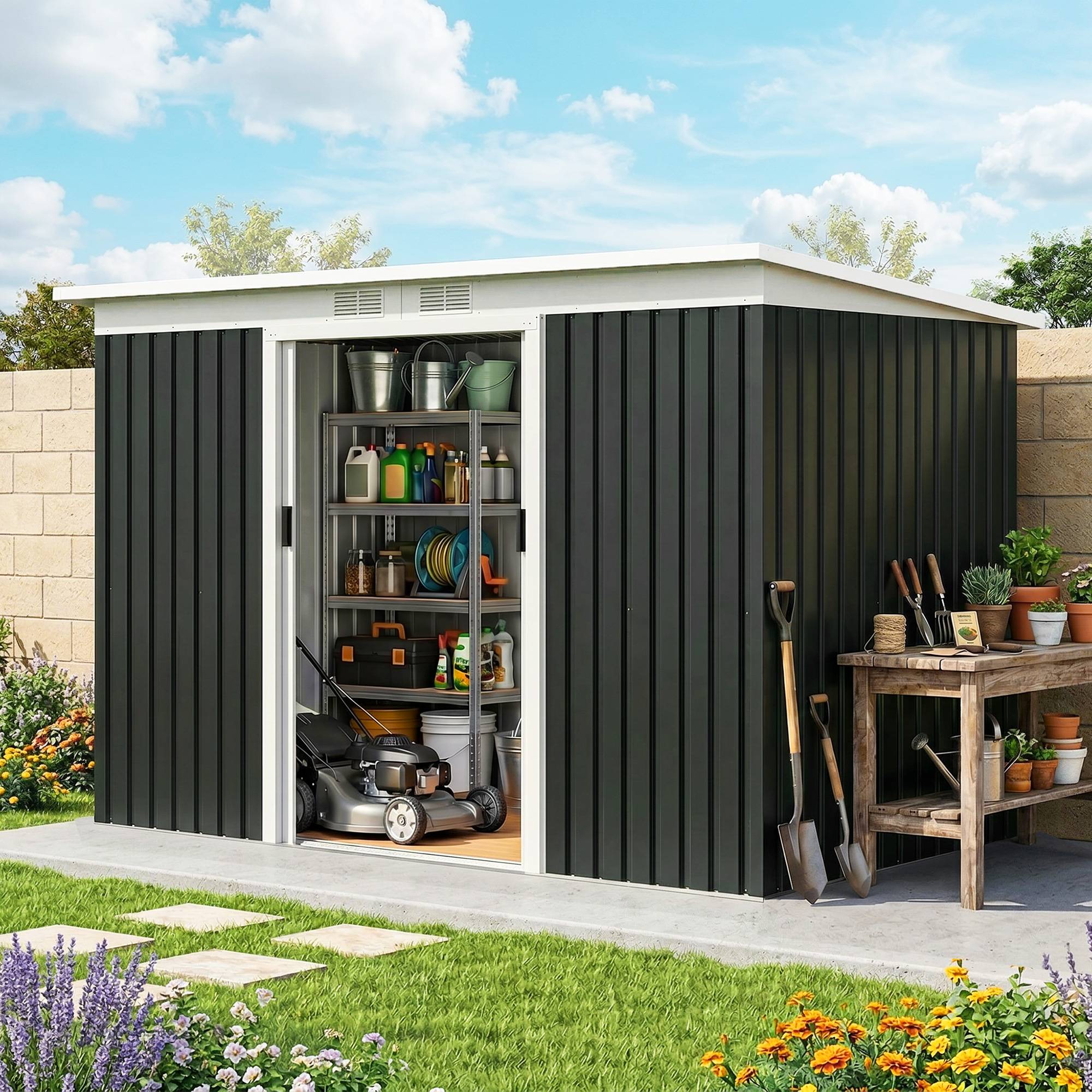 Abri de jardin extérieur 280 x 130 x 172 cm avec portes coulissantes, fond et ventilation, gris foncé - Image 4