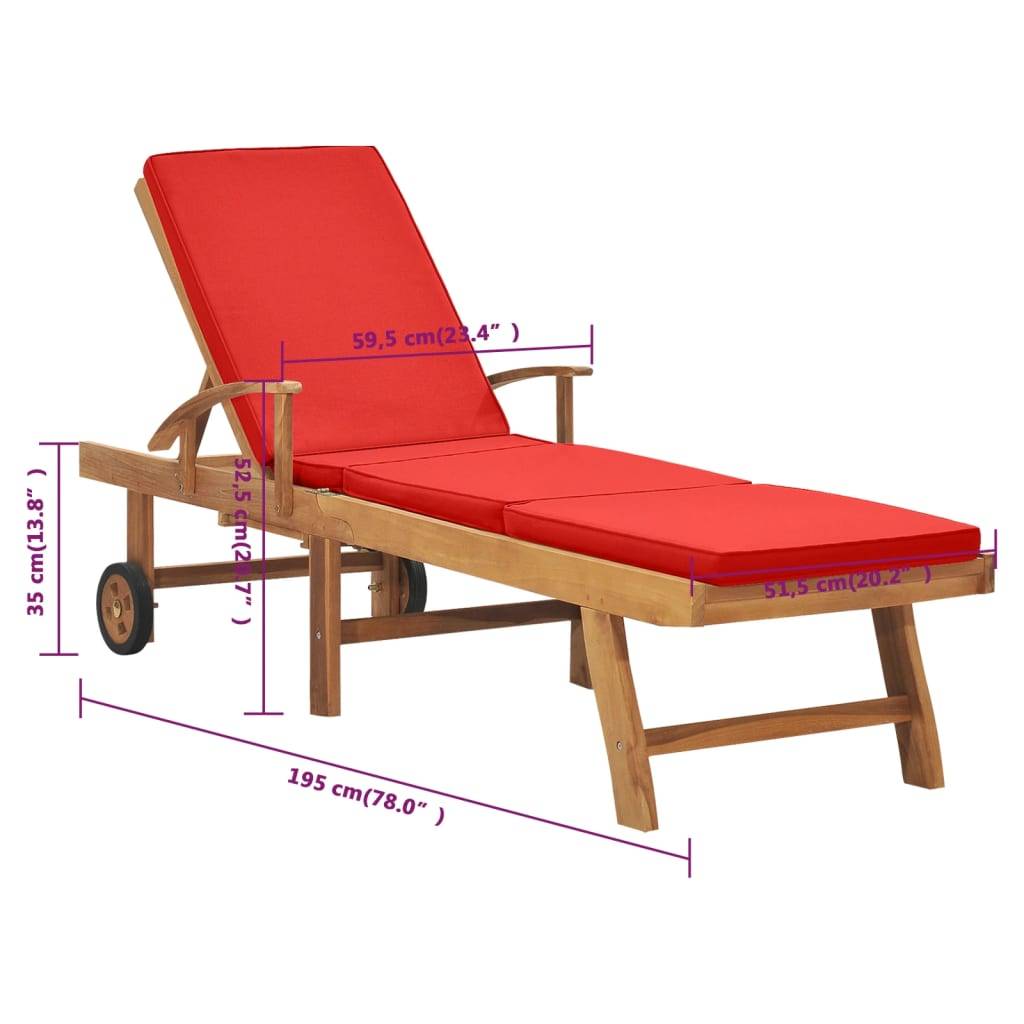 Helloshop26 - Transat chaise longue bain de soleil lit de jardin terrasse meuble d'extérieur avec coussin bois de teck solide rouge - Imagen 9