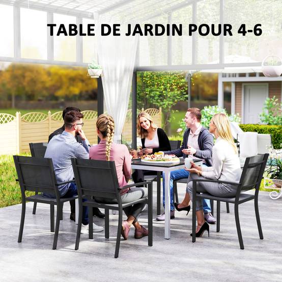 Table à manger de jardin aluminium 6 personnes plateau lattes 120x70cm noir - ComfortXL Outdoor Living - Image 7