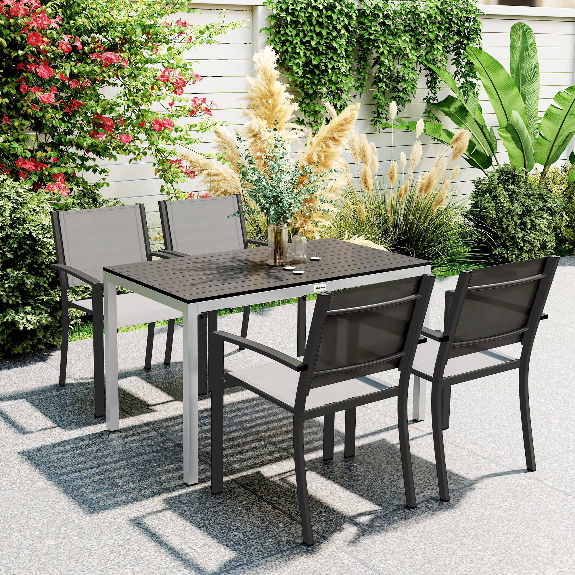 Table à manger de jardin aluminium 6 personnes plateau lattes 120x70cm noir - ComfortXL Outdoor Living - Image 3