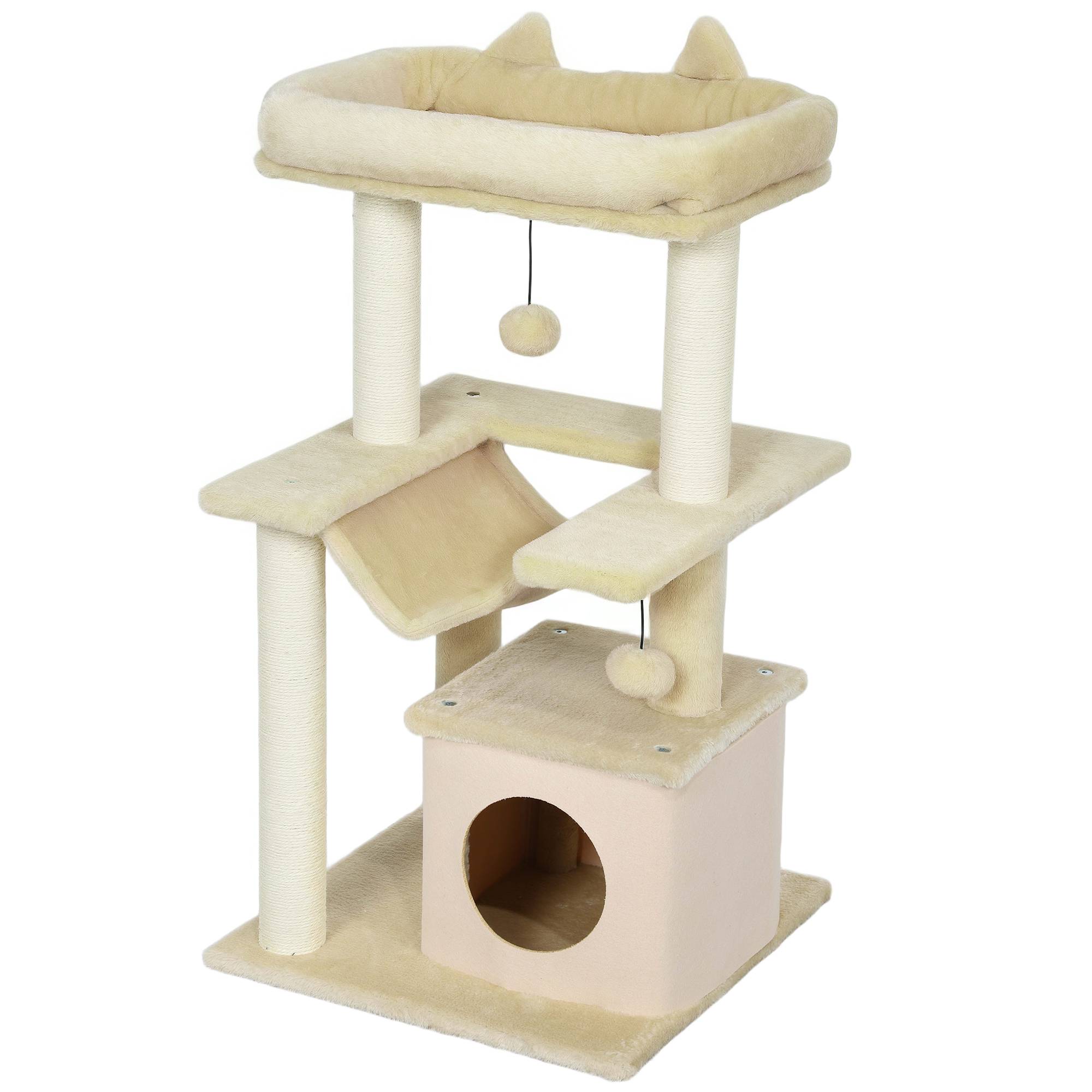 Arbre à chat PawHut griffoir jouets perchoir hamac 48 x 48 x 90 cm crème - Image 2