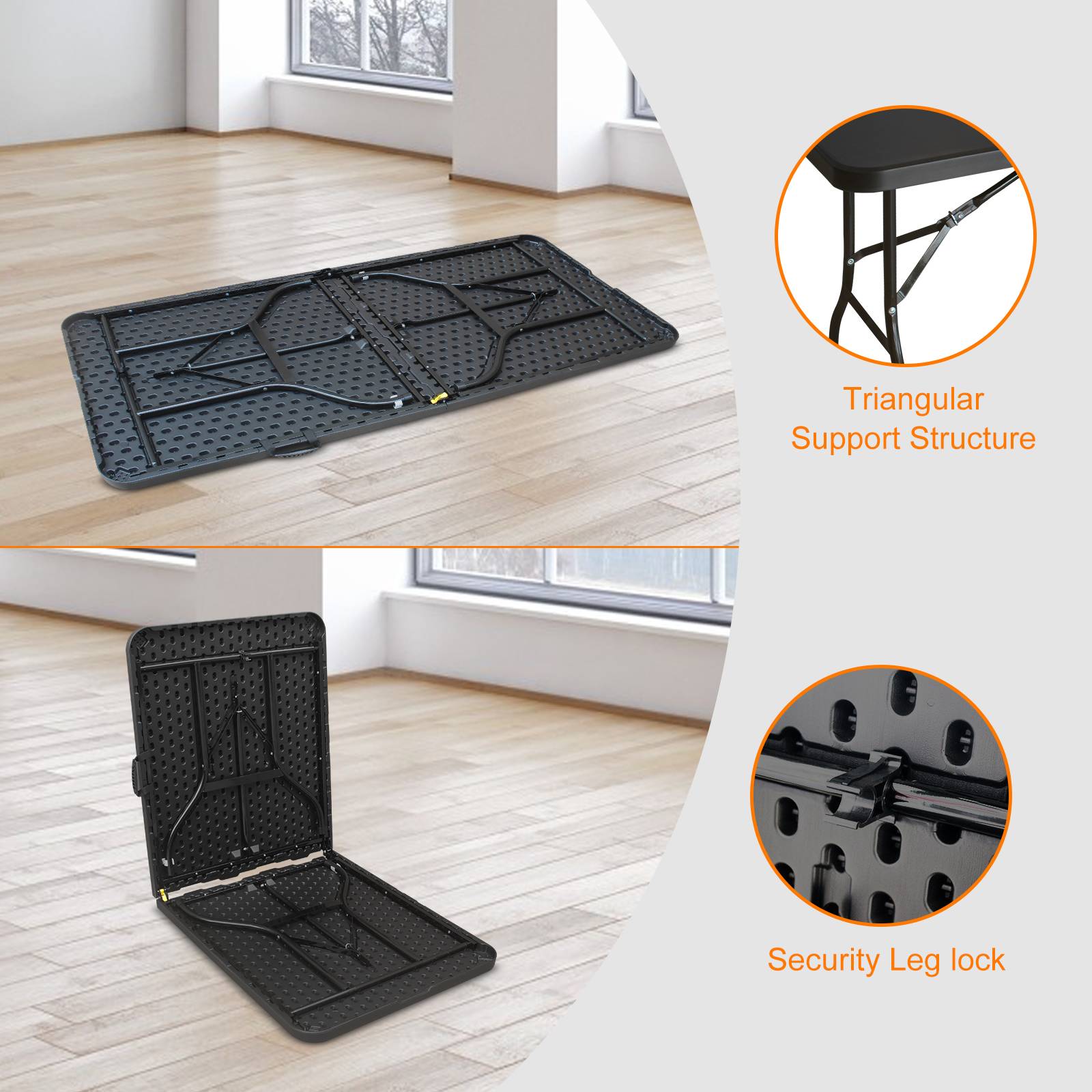 Table pliante portable fer et plastique noire 180 x 73.6 x 73.6 cm - PANGIVO - Image 3