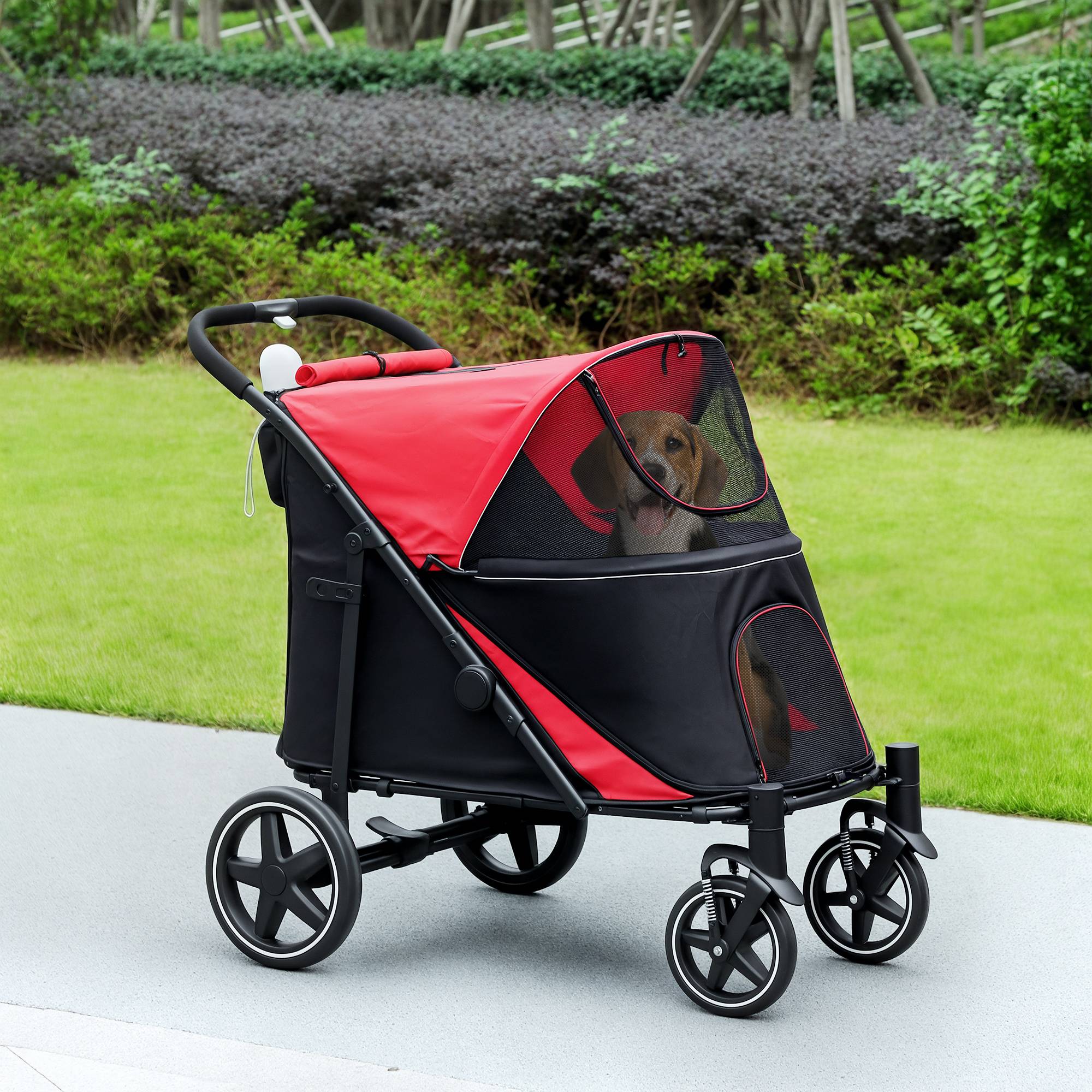 Sans Marque - Chariot pliable chien système pliage un clic 2 laisses sécurité rouge - Image 4