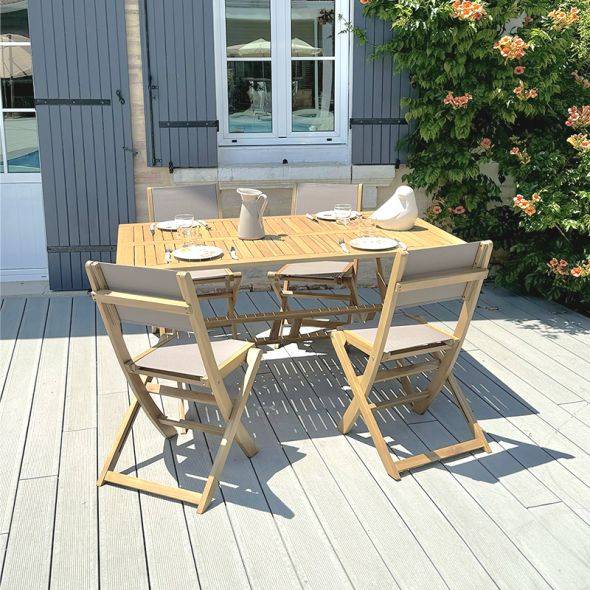 Beau Rivage - Ensemble table et chaises de jardin RIMINI 4 places en bois d'acacia et textilène taupe Beau Rivage - Imagen 2