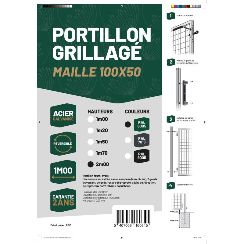Portillon grillagé en acier galvanisé maille 100 x 50 L 1m x H 2m00 Vert - Easy Clôture - Imagen 7