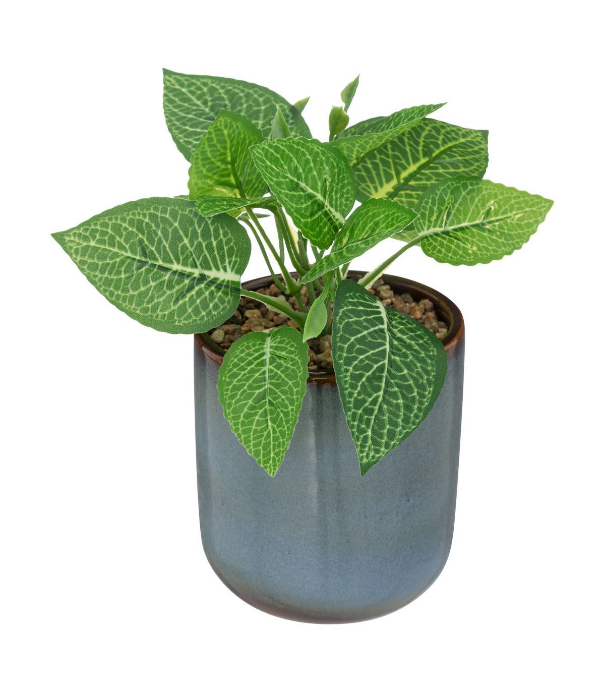 Plante verte artificielle Pot en céramique Bleue émaillée H 16 cm - Imagen 1