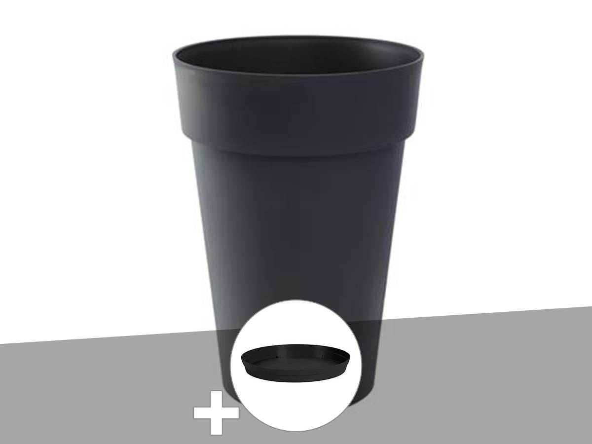 Eda - Pot de fleur rond Toscane Ø 46 x H.65 cm Anthracite + Soucoupe - Eda