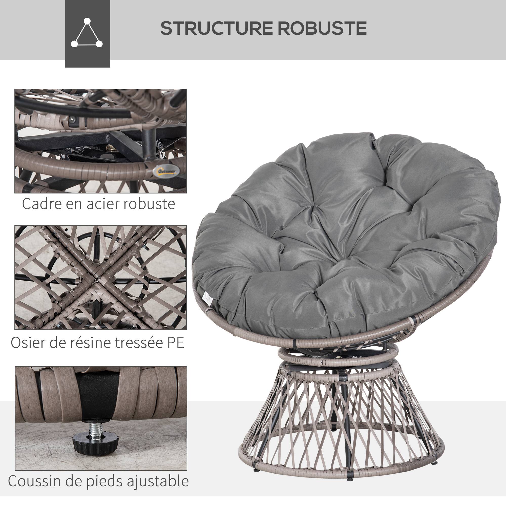 Fauteuil papasan pivotant Résine tressée Jardin Véranda Coussin épais 97cm Gris - ComfortXL Outdoor Living - Image 8
