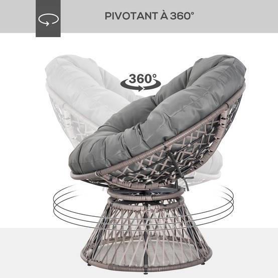 Fauteuil papasan pivotant Résine tressée Jardin Véranda Coussin épais 97cm Gris - ComfortXL Outdoor Living - Image 6
