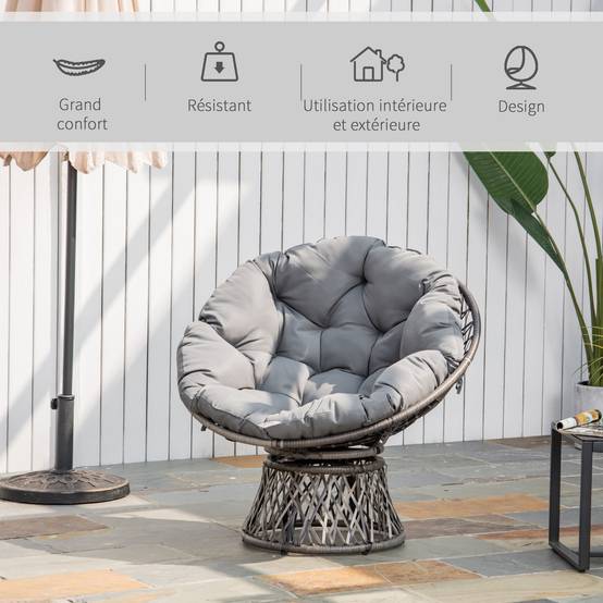 Fauteuil papasan pivotant Résine tressée Jardin Véranda Coussin épais 97cm Gris - ComfortXL Outdoor Living - Image 9